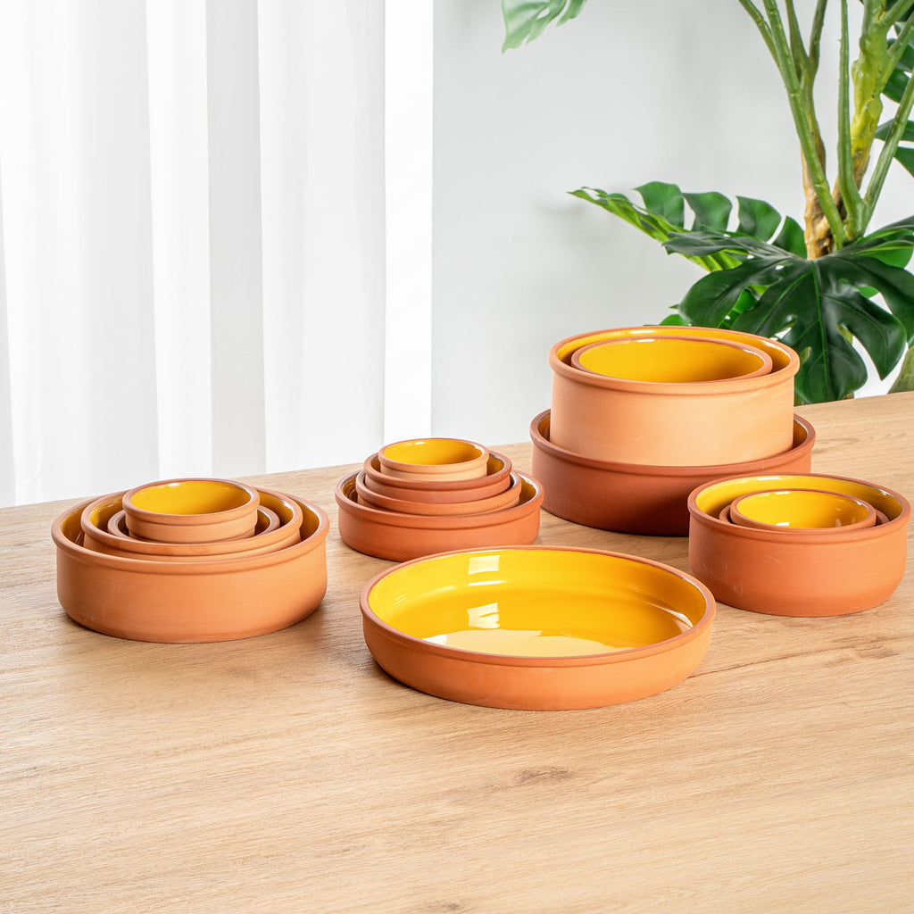 Terra Tek 34 oz Terracotta Cazuela Bowl - Yellow Glazed Interior, Oven-Safe, Microwave-Safe - 9 1/4'' x 9 1/4'' x 1 1/2'' - 2 count box