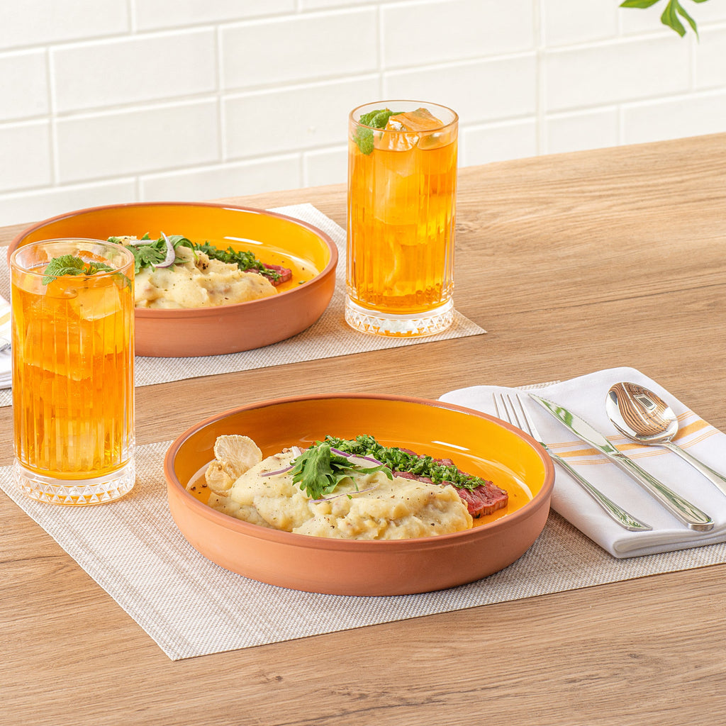 Terra Tek 34 oz Terracotta Cazuela Bowl - Yellow Glazed Interior, Oven-Safe, Microwave-Safe - 9 1/4'' x 9 1/4'' x 1 1/2'' - 10 count box