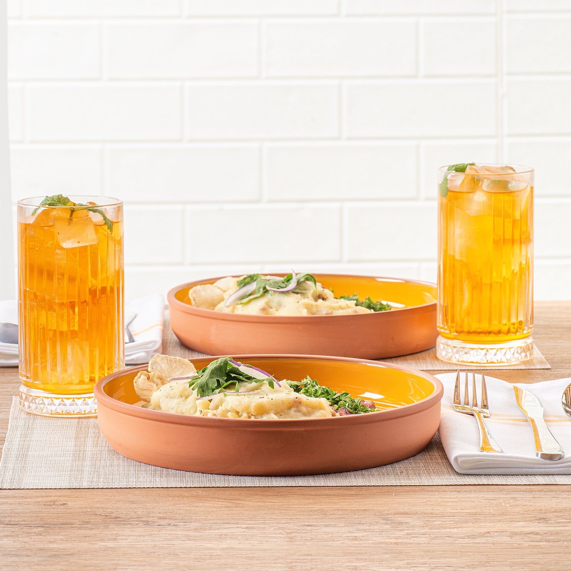 Terra Tek 34 oz Terracotta Cazuela Bowl - Yellow Glazed Interior, Oven-Safe, Microwave-Safe - 9 1/4'' x 9 1/4'' x 1 1/2'' - 10 count box