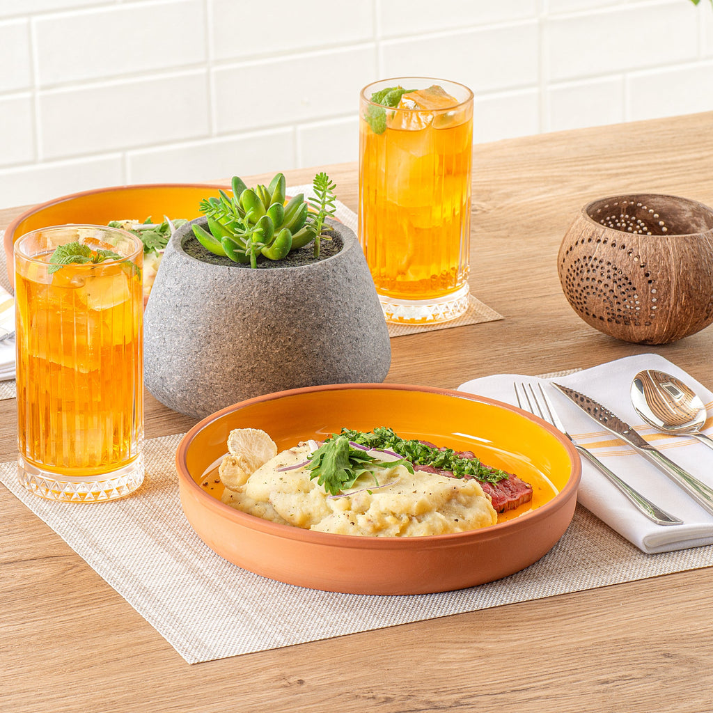 Terra Tek 34 oz Terracotta Cazuela Bowl - Yellow Glazed Interior, Oven-Safe, Microwave-Safe - 9 1/4'' x 9 1/4'' x 1 1/2'' - 10 count box