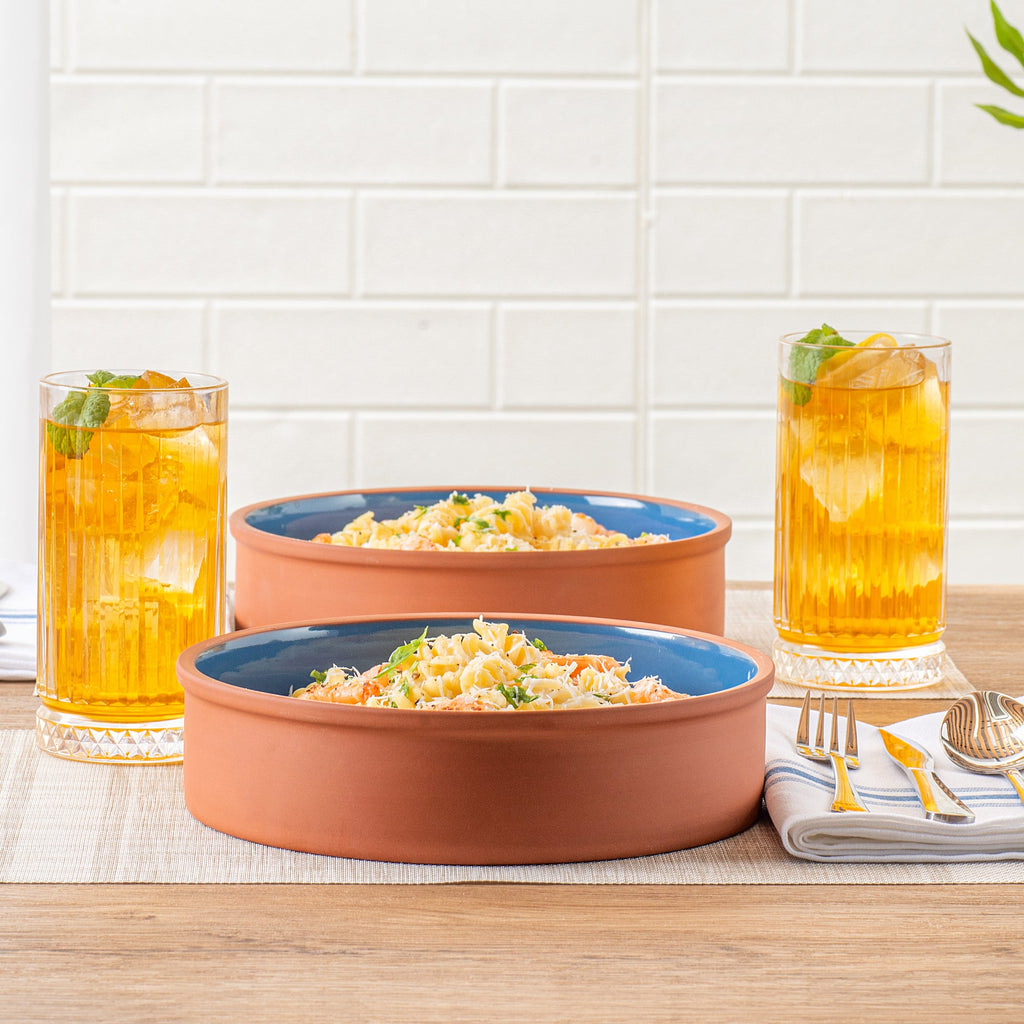 Terra Tek 51 oz Terracotta Cazuela Bowl - Blue Glazed Interior, Oven-Safe, Microwave-Safe - 9'' x 9'' x 2 1/4'' - 2 count box
