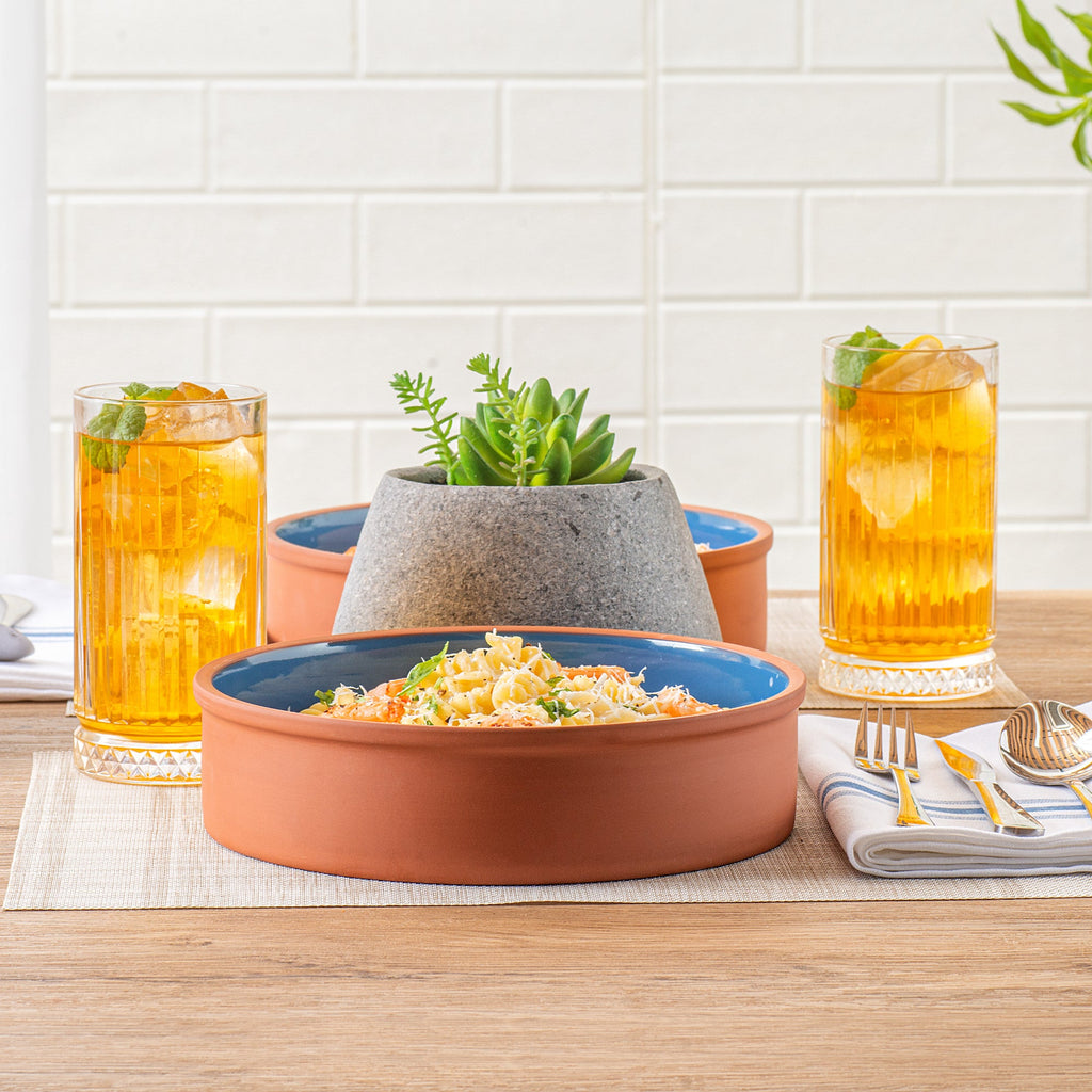 Terra Tek 51 oz Terracotta Cazuela Bowl - Blue Glazed Interior, Oven-Safe, Microwave-Safe - 9'' x 9'' x 2 1/4'' - 2 count box