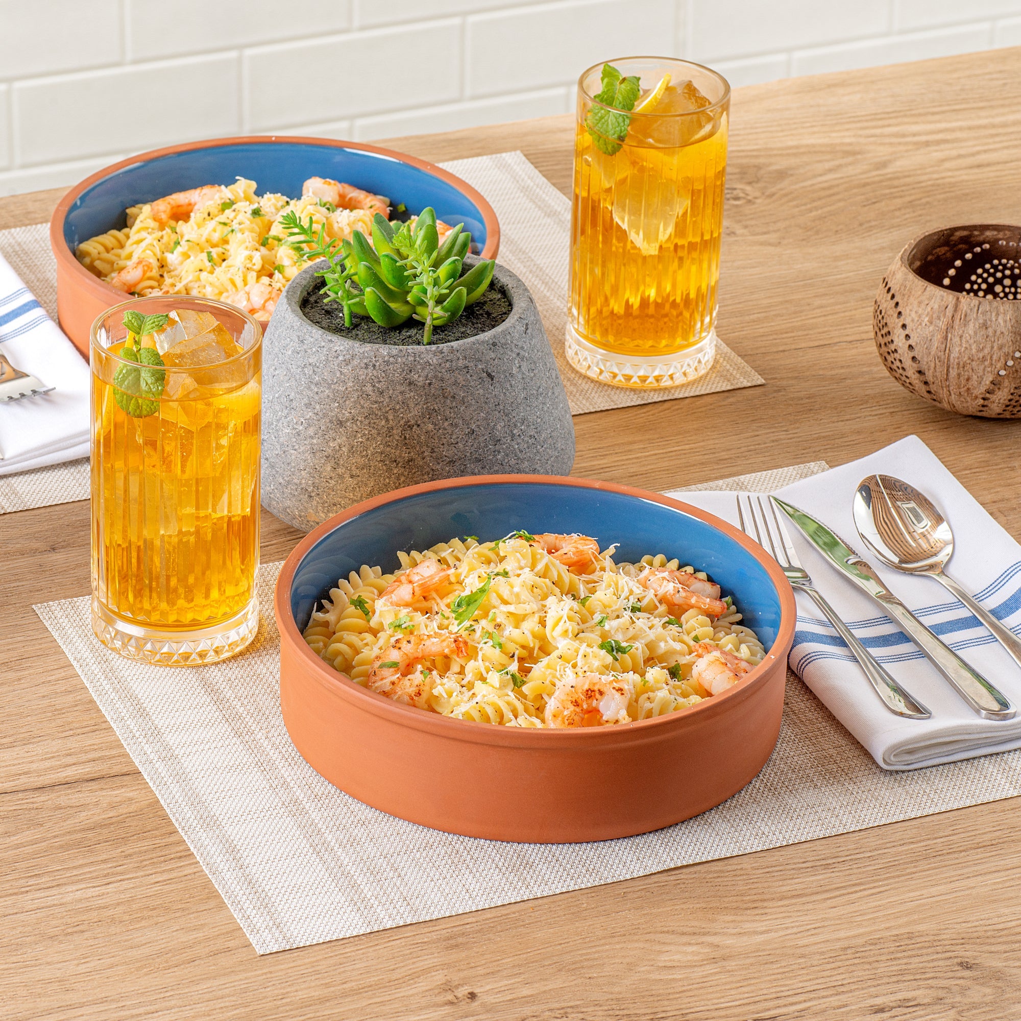 Terra Tek 51 oz Terracotta Cazuela Bowl - Blue Glazed Interior, Oven-Safe, Microwave-Safe - 9'' x 9'' x 2 1/4'' - 2 count box