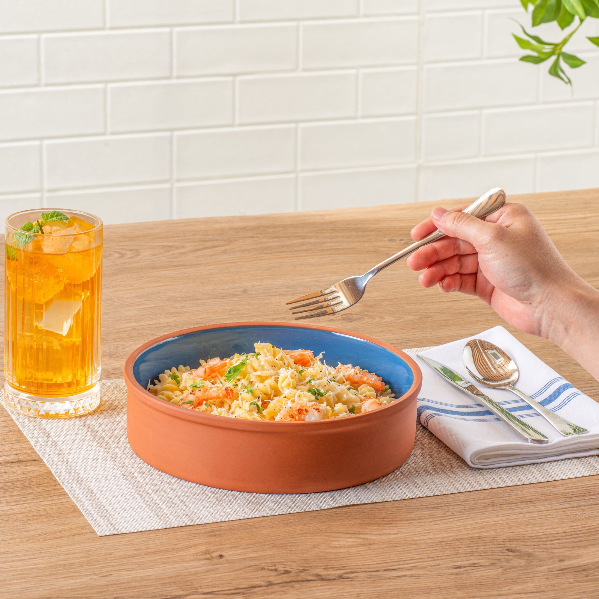Terra Tek 51 oz Terracotta Cazuela Bowl - Blue Glazed Interior, Oven-Safe, Microwave-Safe - 9'' x 9'' x 2 1/4'' - 10 count box