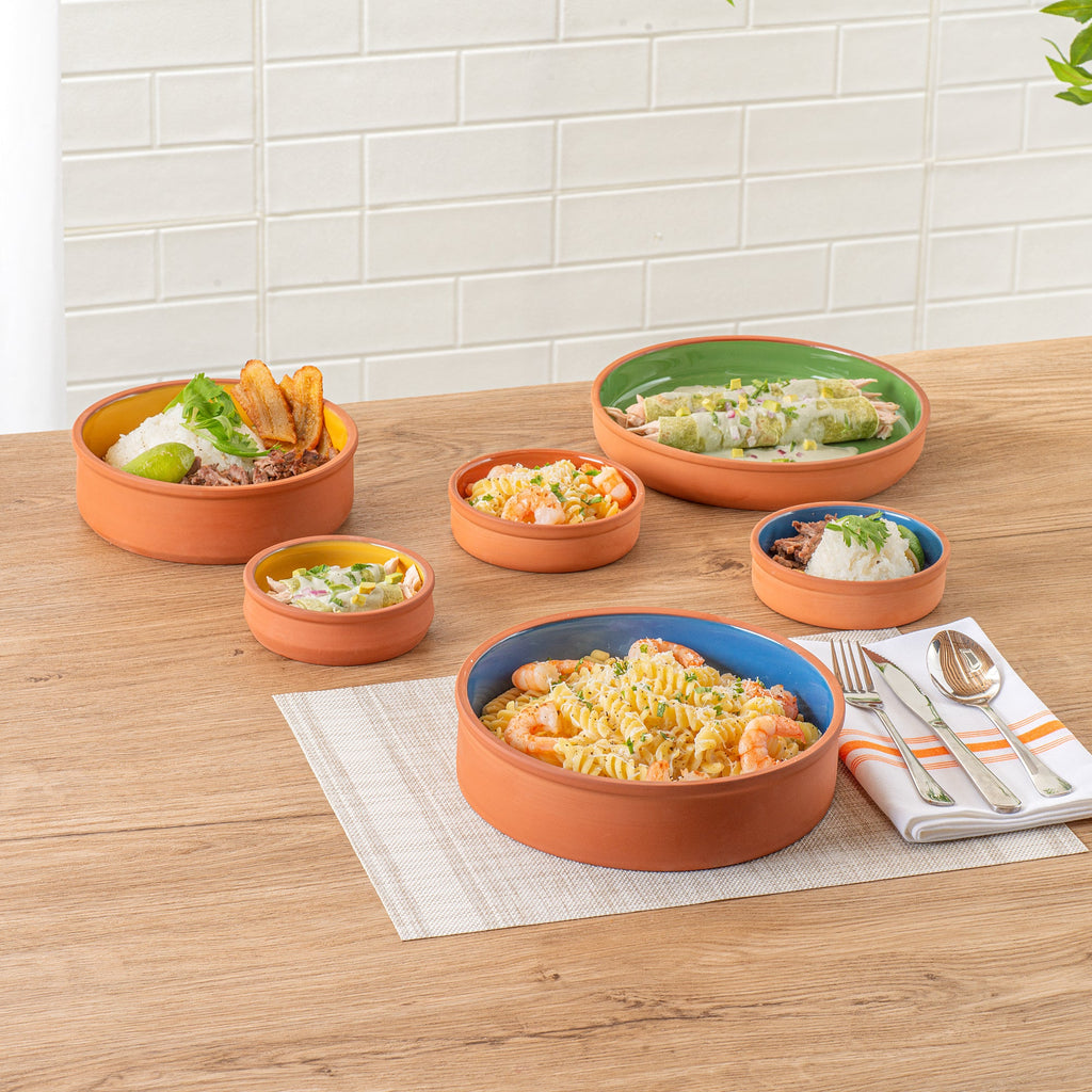Terra Tek 51 oz Terracotta Cazuela Bowl - Blue Glazed Interior, Oven-Safe, Microwave-Safe - 9'' x 9'' x 2 1/4'' - 10 count box