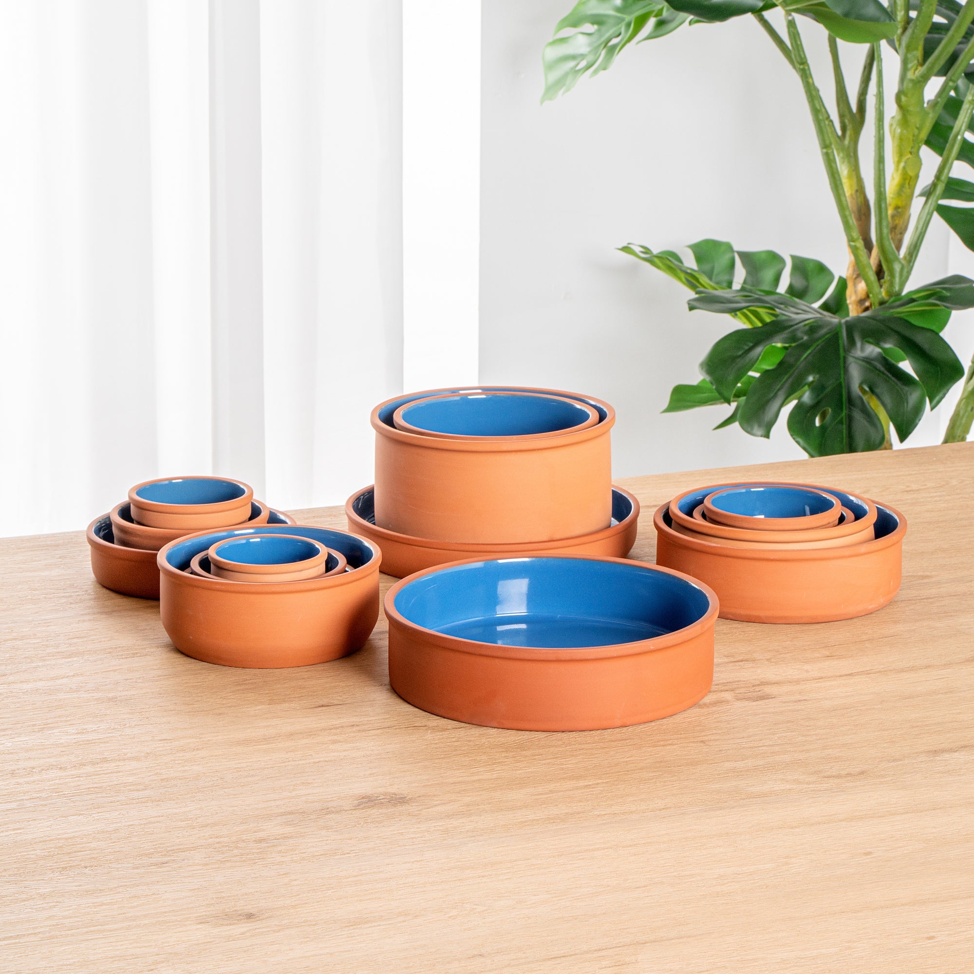 Terra Tek 51 oz Terracotta Cazuela Bowl - Blue Glazed Interior, Oven-Safe, Microwave-Safe - 9'' x 9'' x 2 1/4'' - 10 count box