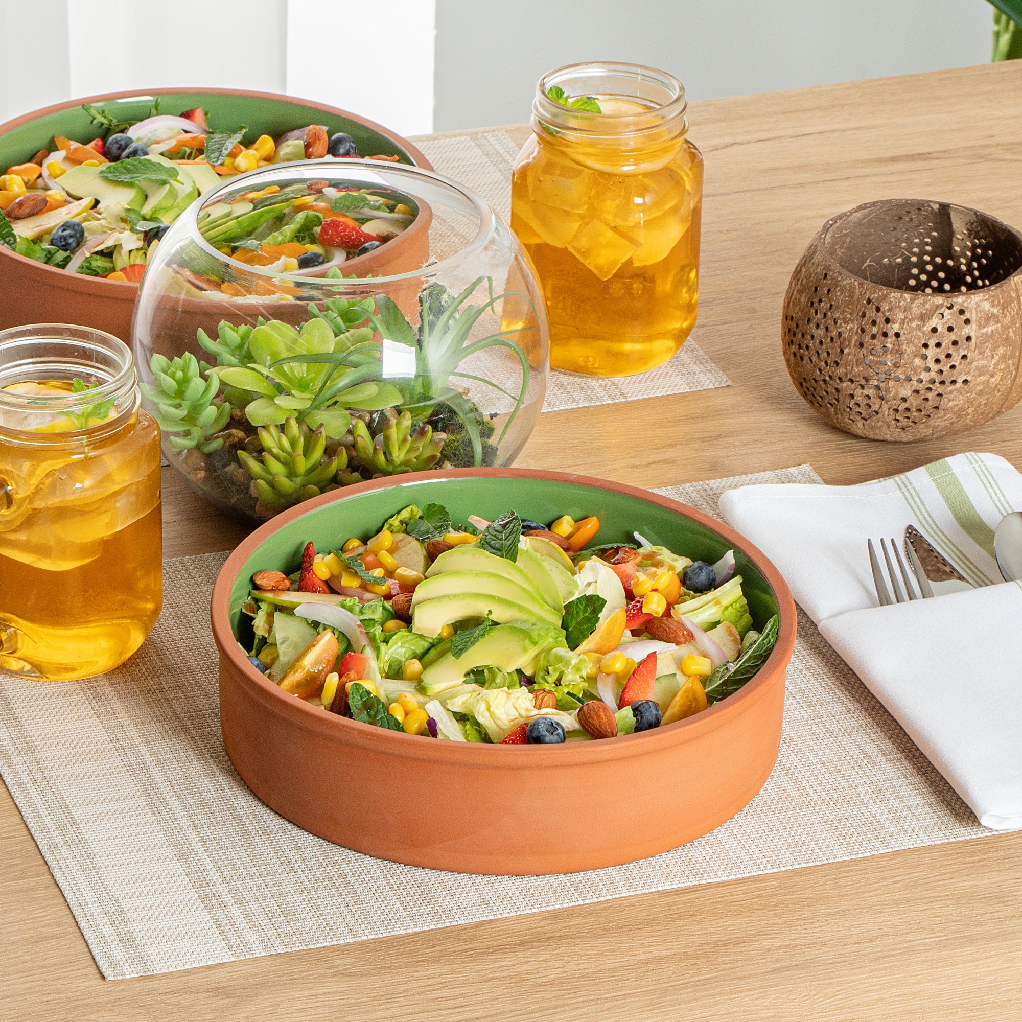 Terra Tek 51 oz Terracotta Cazuela Bowl - Green Glazed Interior, Oven-Safe, Microwave-Safe - 9'' x 9'' x 2 1/4'' - 2 count box