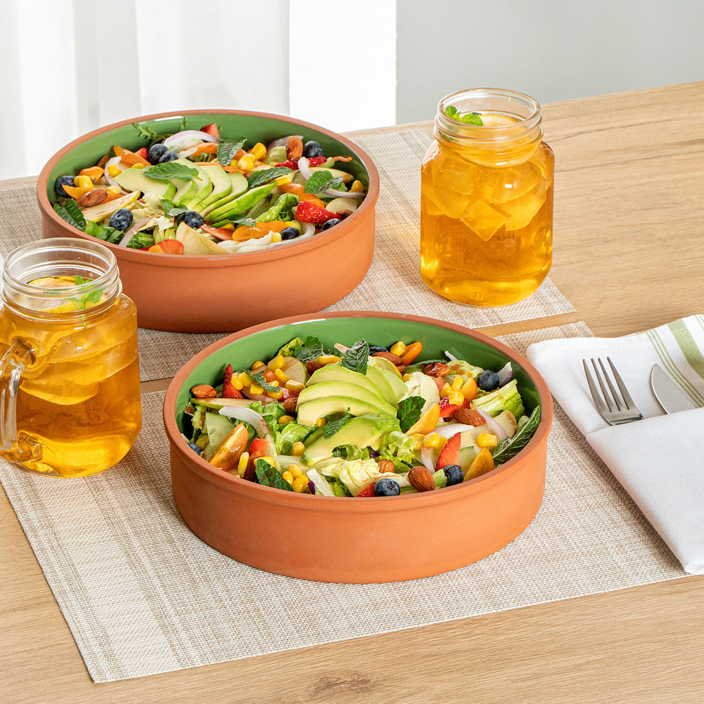Terra Tek 51 oz Terracotta Cazuela Bowl - Green Glazed Interior, Oven-Safe, Microwave-Safe - 9'' x 9'' x 2 1/4'' - 2 count box