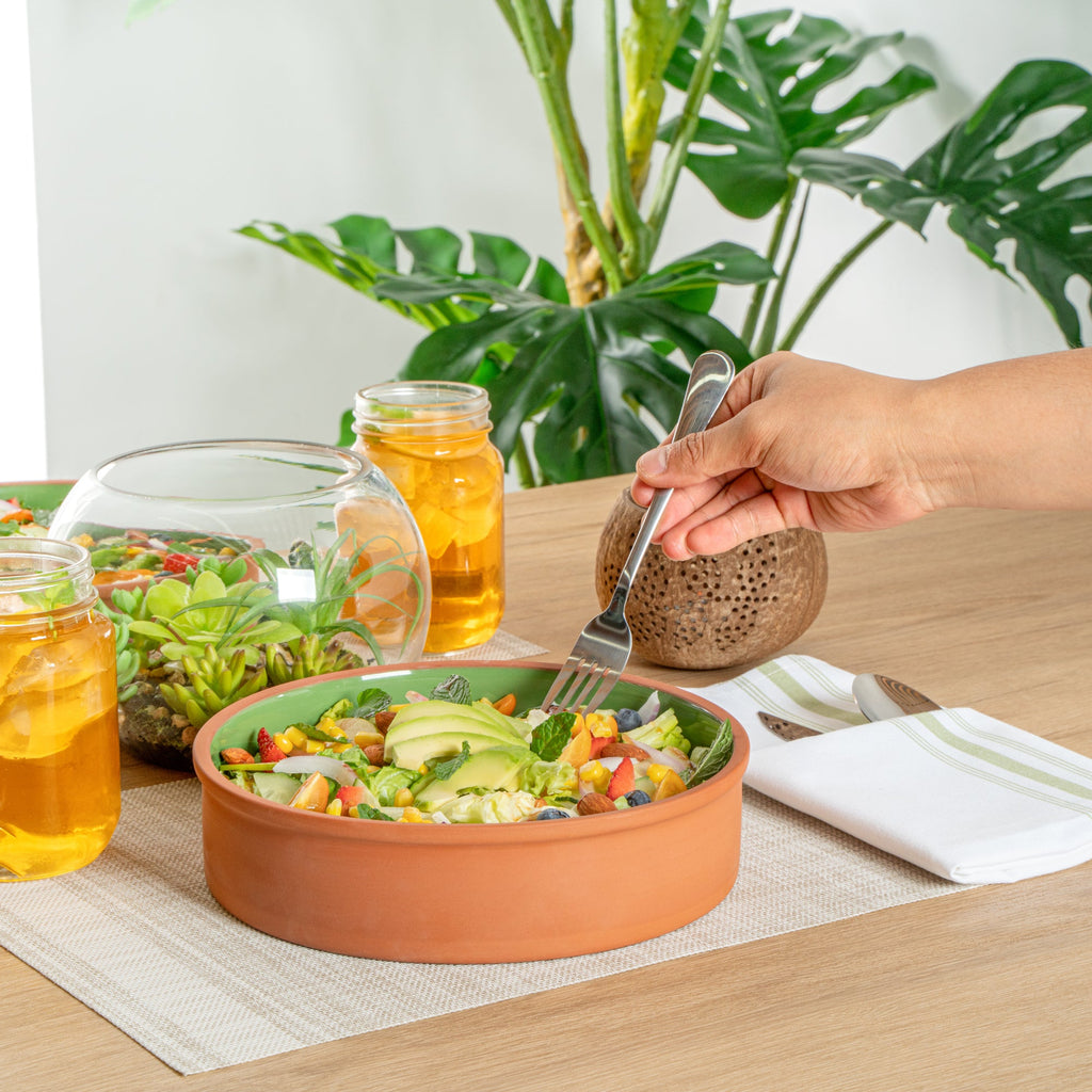 Terra Tek 51 oz Terracotta Cazuela Bowl - Green Glazed Interior, Oven-Safe, Microwave-Safe - 9'' x 9'' x 2 1/4'' - 2 count box