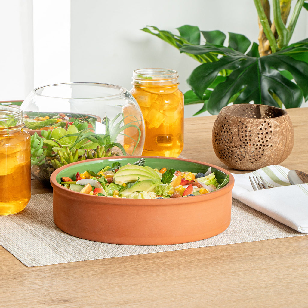 Terra Tek 51 oz Terracotta Cazuela Bowl - Green Glazed Interior, Oven-Safe, Microwave-Safe - 9'' x 9'' x 2 1/4'' - 2 count box