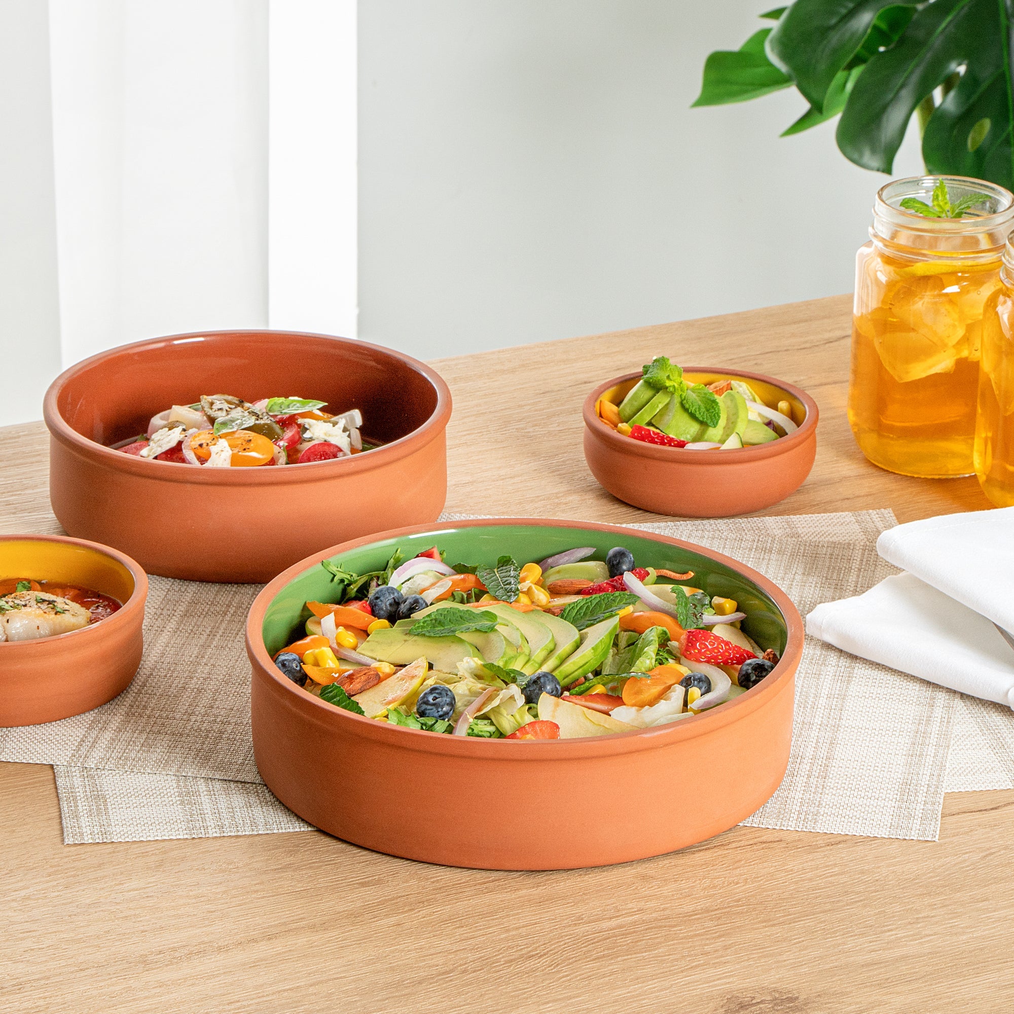 Terra Tek 51 oz Terracotta Cazuela Bowl - Green Glazed Interior, Oven-Safe, Microwave-Safe - 9'' x 9'' x 2 1/4'' - 2 count box