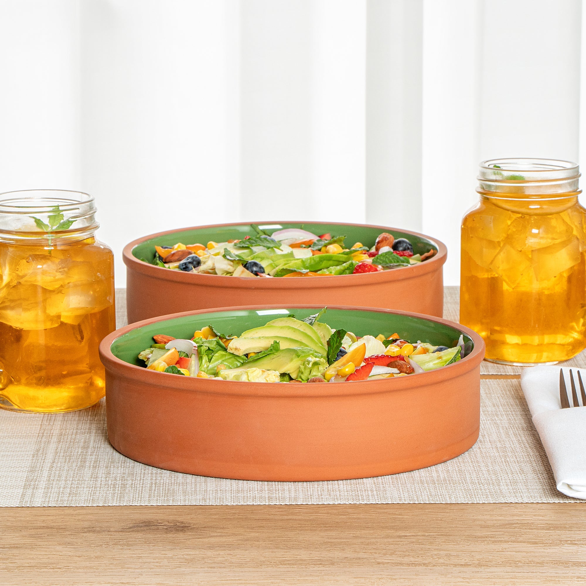 Terra Tek 51 oz Terracotta Cazuela Bowl - Green Glazed Interior, Oven-Safe, Microwave-Safe - 9'' x 9'' x 2 1/4'' - 10 count box