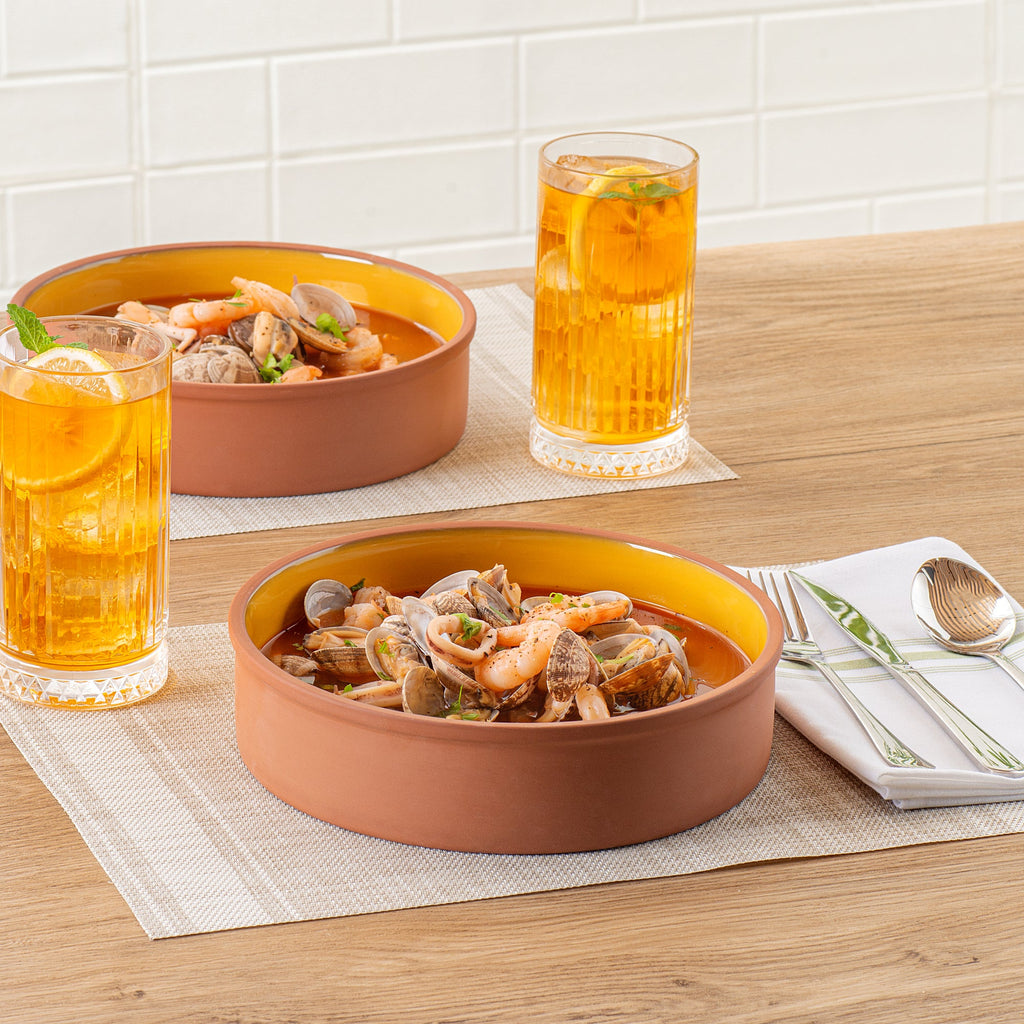 Terra Tek 51 oz Terracotta Cazuela Bowl - Yellow Glazed Interior, Oven-Safe, Microwave-Safe - 9'' x 9'' x 2 1/4'' - 2 count box