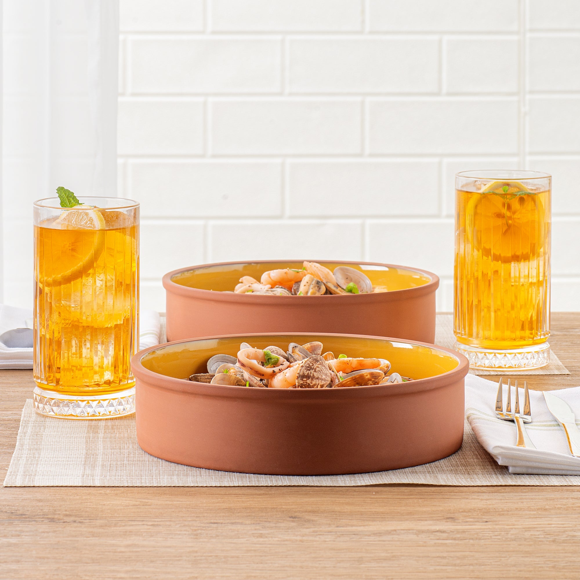 Terra Tek 51 oz Terracotta Cazuela Bowl - Yellow Glazed Interior, Oven-Safe, Microwave-Safe - 9'' x 9'' x 2 1/4'' - 2 count box