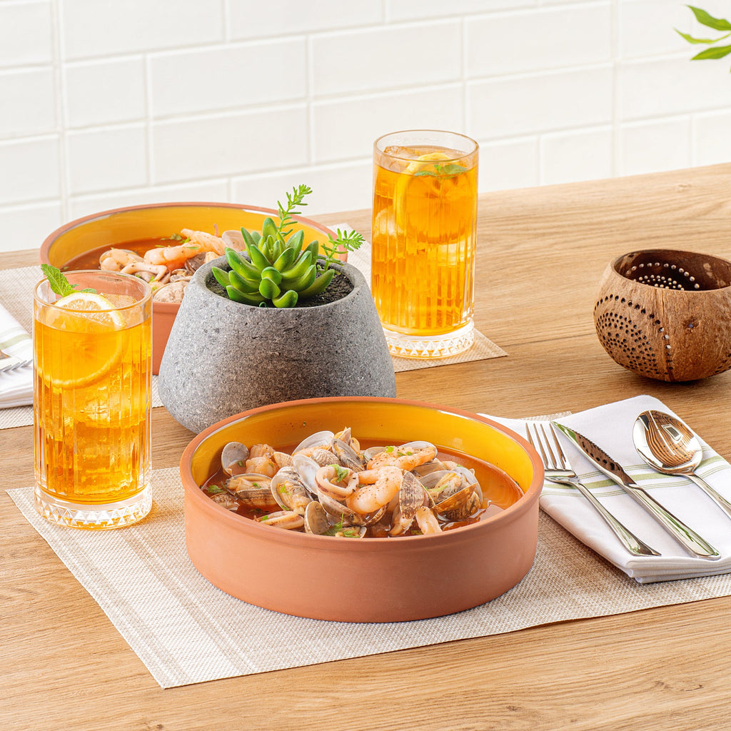 Terra Tek 51 oz Terracotta Cazuela Bowl - Yellow Glazed Interior, Oven-Safe, Microwave-Safe - 9'' x 9'' x 2 1/4'' - 2 count box