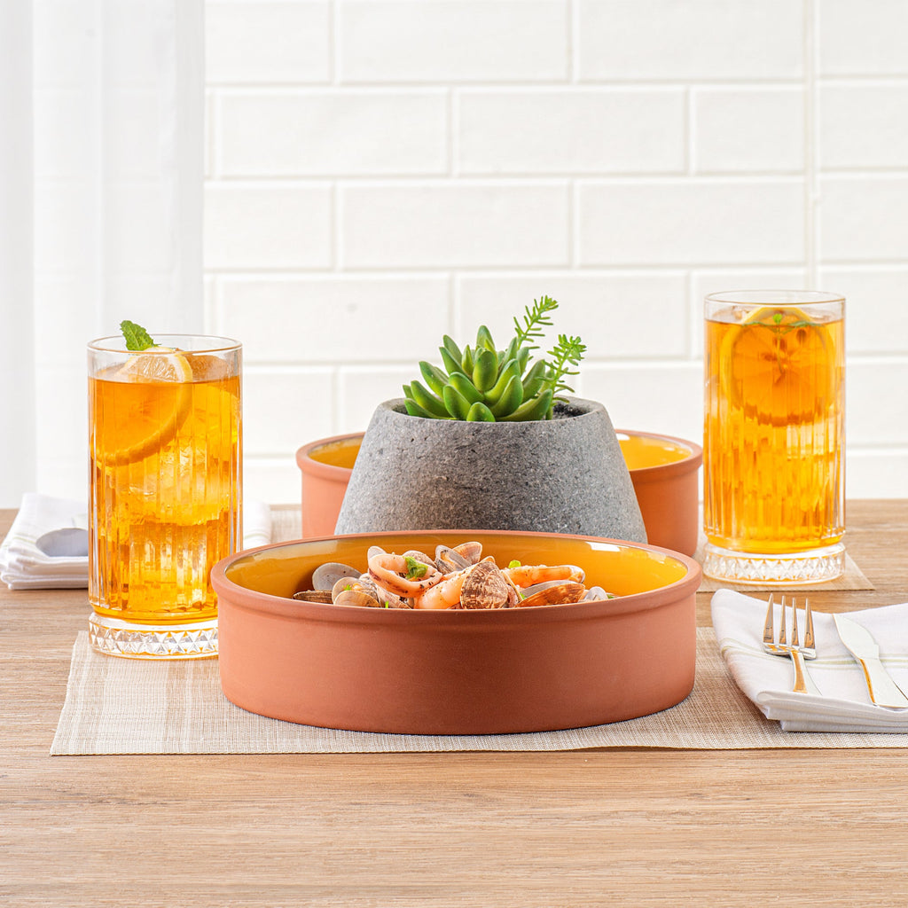 Terra Tek 51 oz Terracotta Cazuela Bowl - Yellow Glazed Interior, Oven-Safe, Microwave-Safe - 9'' x 9'' x 2 1/4'' - 10 count box