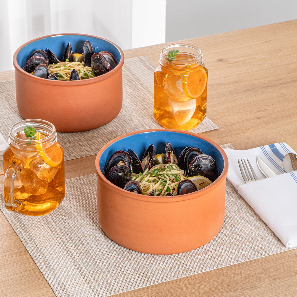 Terra Tek 68 oz Terracotta Cazuela Bowl - Blue Glazed Interior, Oven-Safe, Microwave-Safe - 7 1/2'' x 7 1/2'' x 4'' - 2 count box