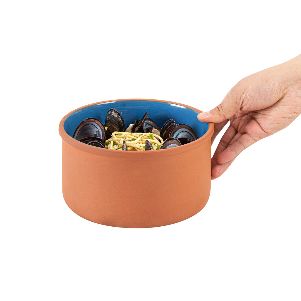 Terra Tek 68 oz Terracotta Cazuela Bowl - Blue Glazed Interior, Oven-Safe, Microwave-Safe - 7 1/2'' x 7 1/2'' x 4'' - 2 count box