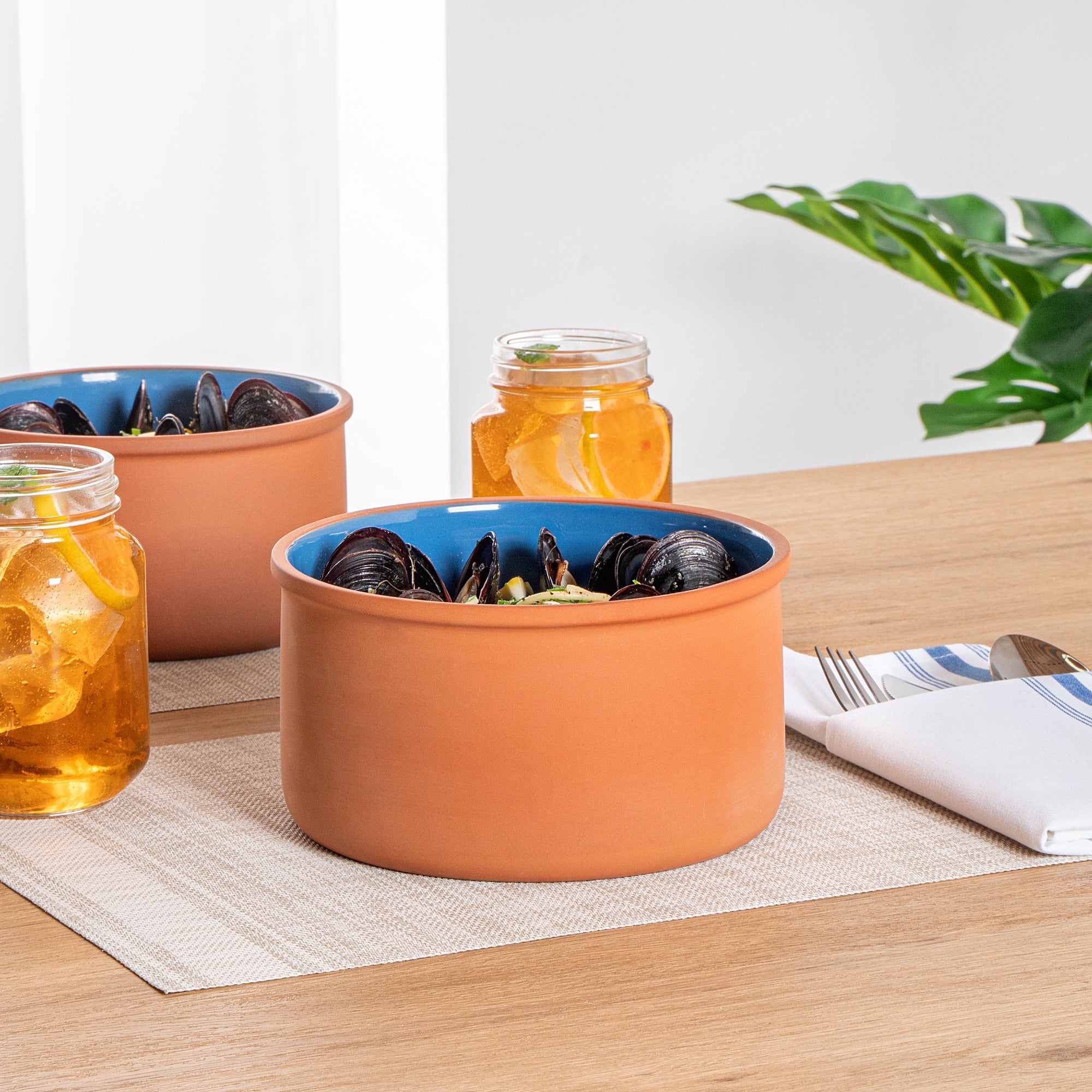 Terra Tek 68 oz Terracotta Cazuela Bowl - Blue Glazed Interior, Oven-Safe, Microwave-Safe - 7 1/2'' x 7 1/2'' x 4'' - 2 count box