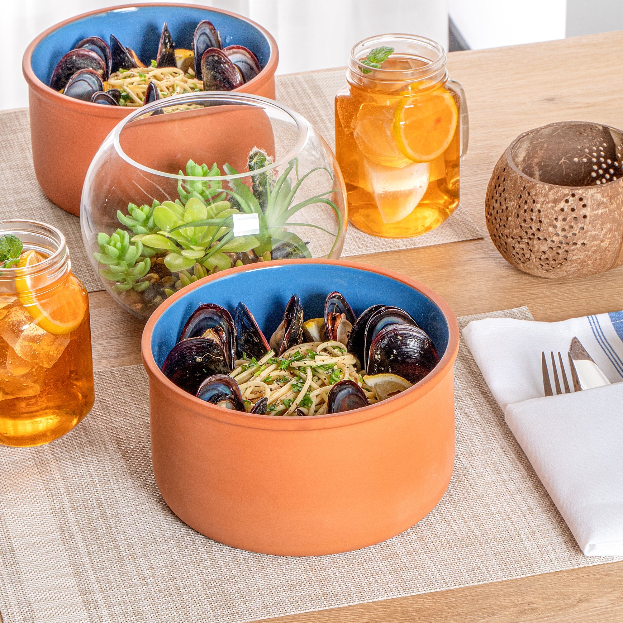 Terra Tek 68 oz Terracotta Cazuela Bowl - Blue Glazed Interior, Oven-Safe, Microwave-Safe - 7 1/2'' x 7 1/2'' x 4'' - 2 count box