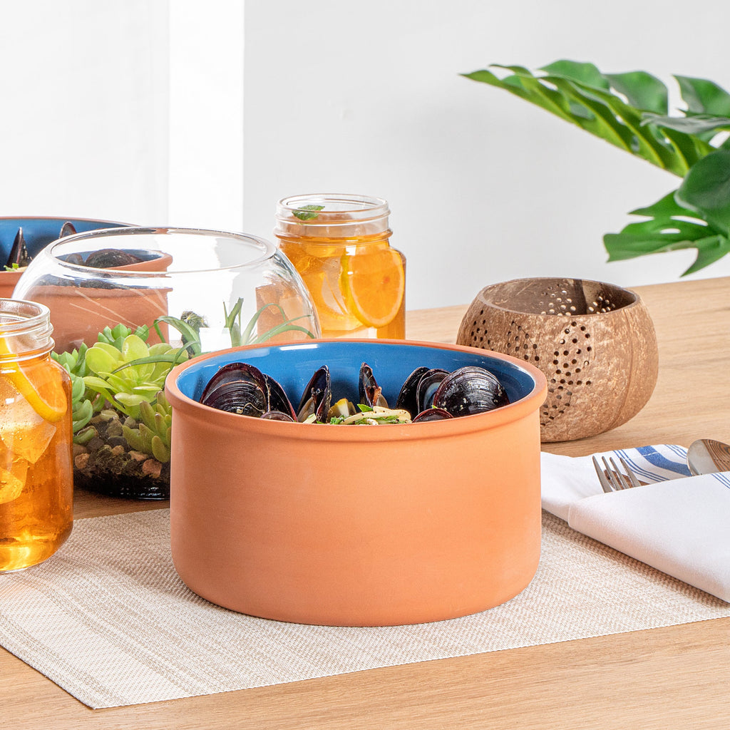 Terra Tek 68 oz Terracotta Cazuela Bowl - Blue Glazed Interior, Oven-Safe, Microwave-Safe - 7 1/2'' x 7 1/2'' x 4'' - 2 count box