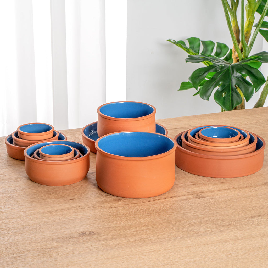 Terra Tek 68 oz Terracotta Cazuela Bowl - Blue Glazed Interior, Oven-Safe, Microwave-Safe - 7 1/2'' x 7 1/2'' x 4'' - 2 count box