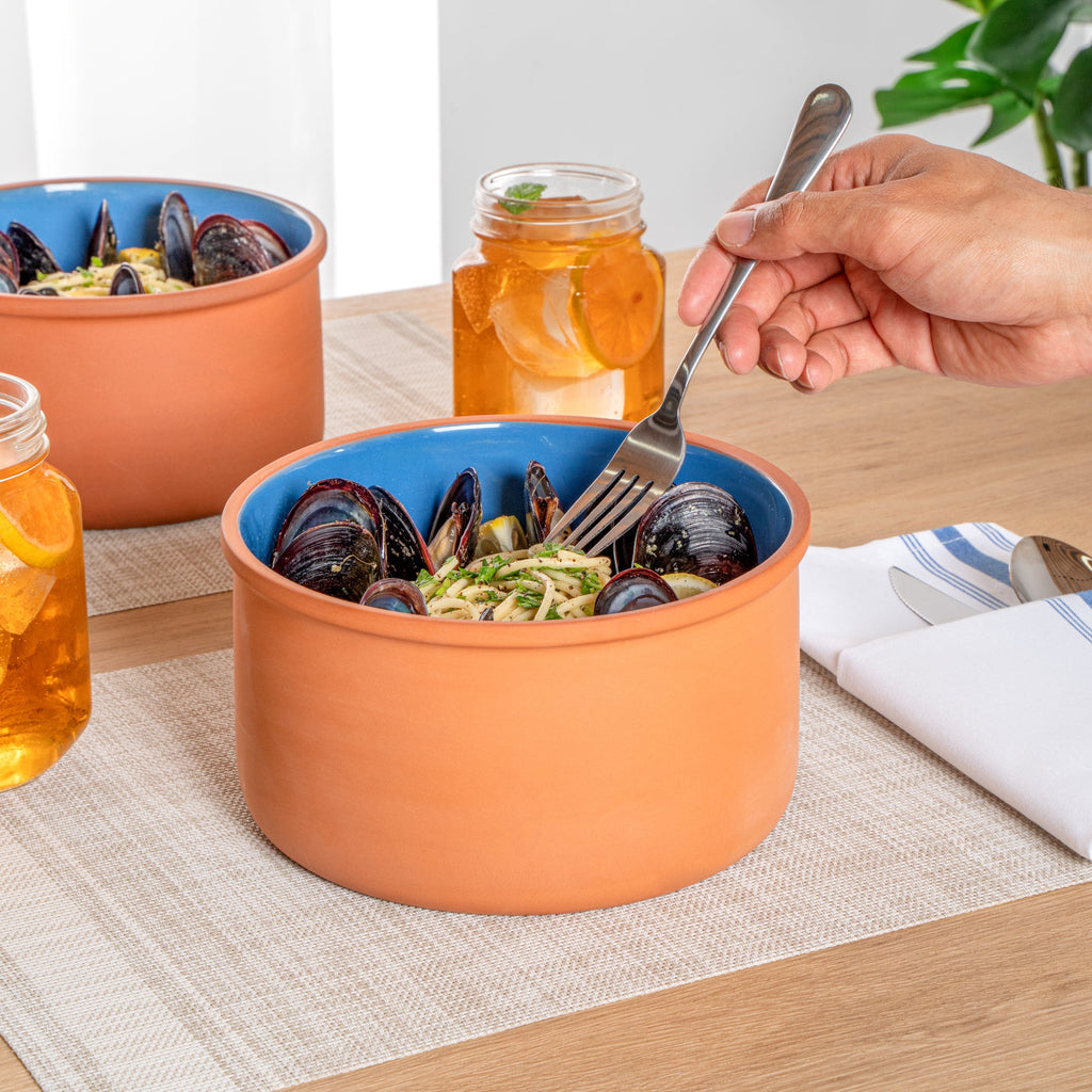 Terra Tek 68 oz Terracotta Cazuela Bowl - Blue Glazed Interior, Oven-Safe, Microwave-Safe - 7 1/2'' x 7 1/2'' x 4'' - 10 count box