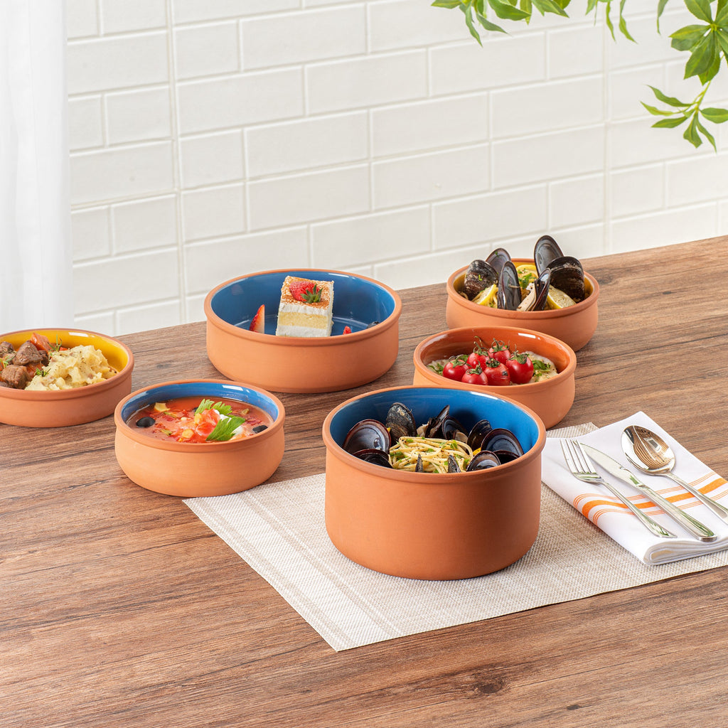 Terra Tek 68 oz Terracotta Cazuela Bowl - Blue Glazed Interior, Oven-Safe, Microwave-Safe - 7 1/2'' x 7 1/2'' x 4'' - 10 count box