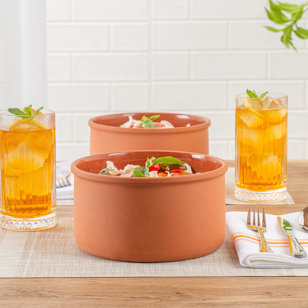 Terra Tek 68 oz Terracotta Cazuela Bowl - Brown Glazed Interior, Oven-Safe, Microwave-Safe - 7 1/2'' x 7 1/2'' x 4'' - 10 count box