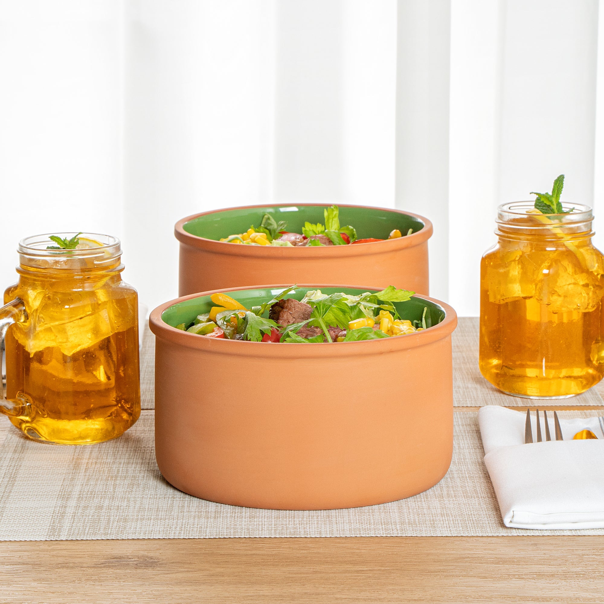 Terra Tek 68 oz Terracotta Cazuela Bowl - Green Glazed Interior, Oven-Safe, Microwave-Safe - 7 1/2'' x 7 1/2'' x 4'' - 2 count box