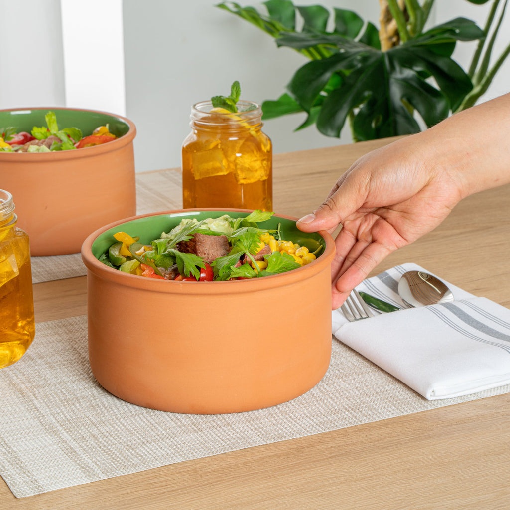 Terra Tek 68 oz Terracotta Cazuela Bowl - Green Glazed Interior, Oven-Safe, Microwave-Safe - 7 1/2'' x 7 1/2'' x 4'' - 2 count box
