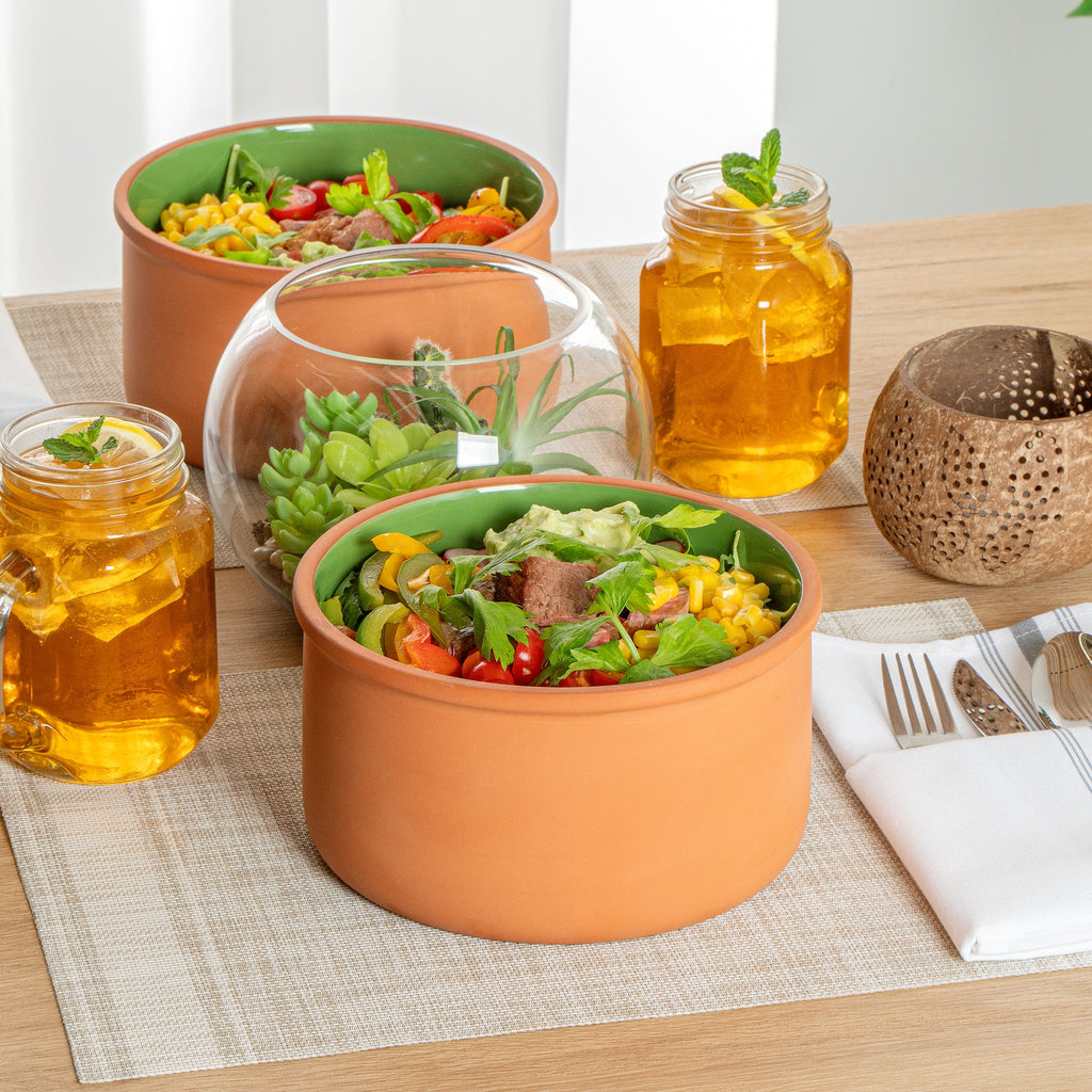 Terra Tek 68 oz Terracotta Cazuela Bowl - Green Glazed Interior, Oven-Safe, Microwave-Safe - 7 1/2'' x 7 1/2'' x 4'' - 2 count box