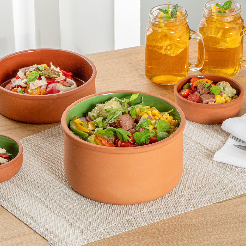 Terra Tek 68 oz Terracotta Cazuela Bowl - Green Glazed Interior, Oven-Safe, Microwave-Safe - 7 1/2'' x 7 1/2'' x 4'' - 2 count box