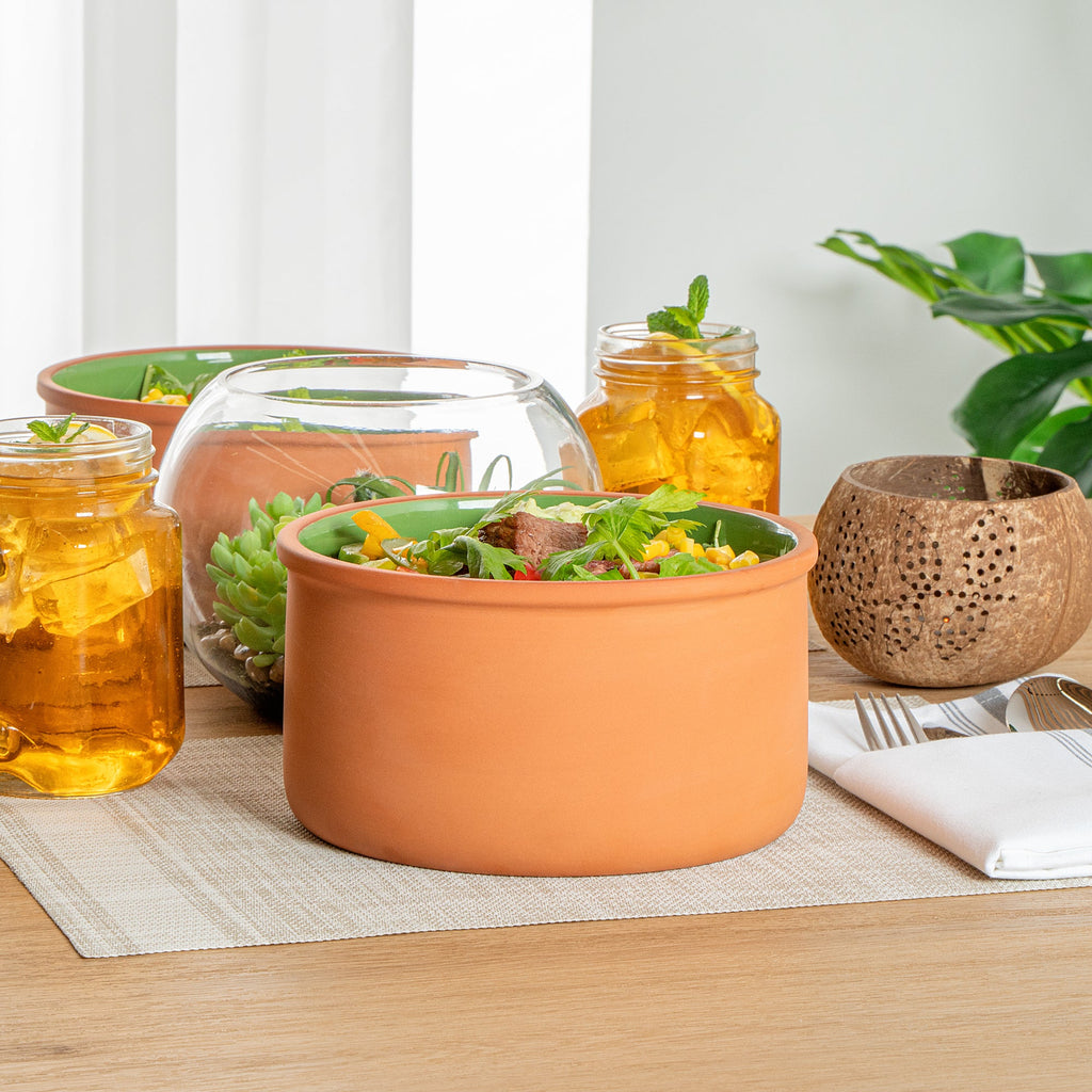 Terra Tek 68 oz Terracotta Cazuela Bowl - Green Glazed Interior, Oven-Safe, Microwave-Safe - 7 1/2'' x 7 1/2'' x 4'' - 10 count box
