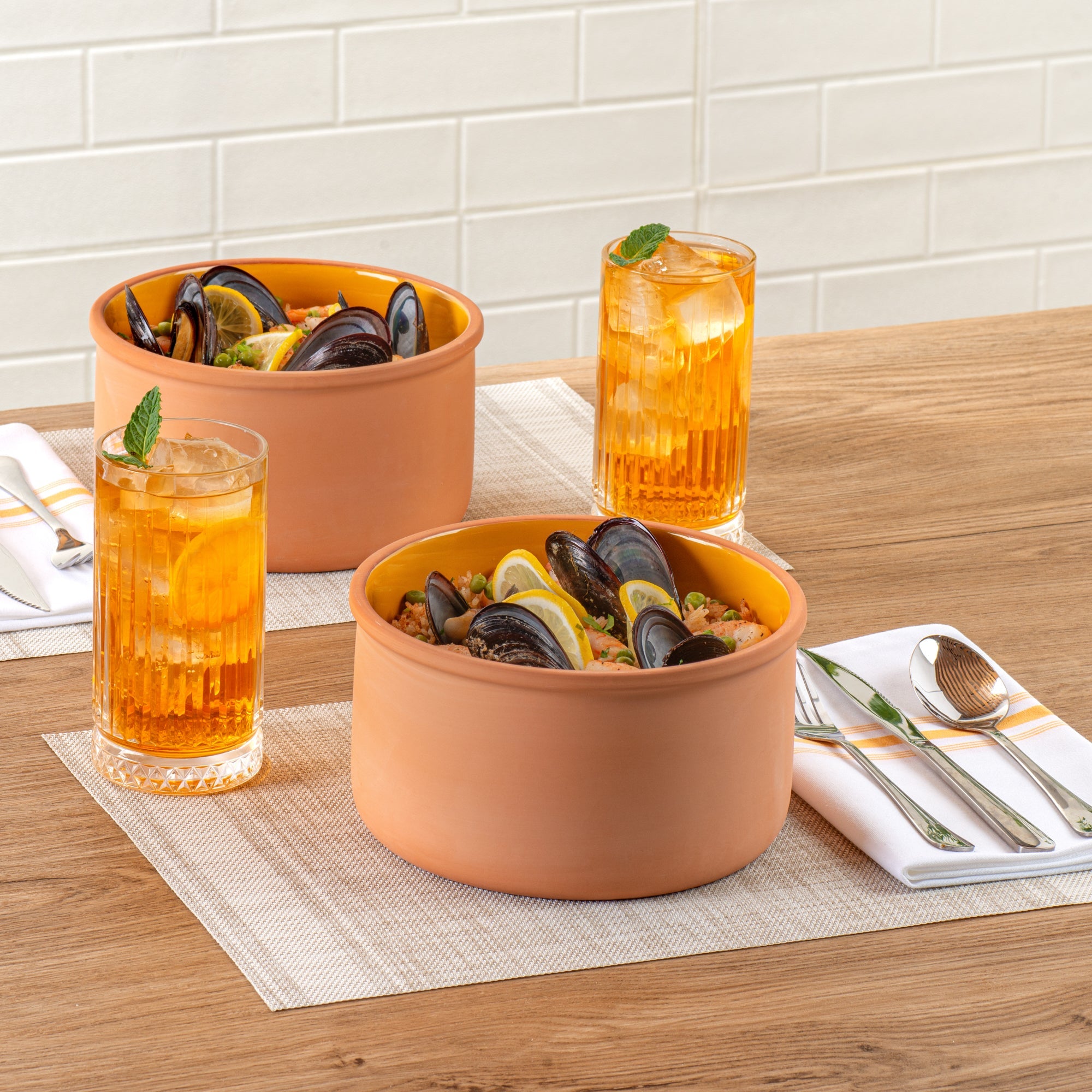 Terra Tek 68 oz Terracotta Cazuela Bowl - Yellow Glazed Interior, Oven-Safe, Microwave-Safe - 7 1/2'' x 7 1/2'' x 4'' - 2 count box