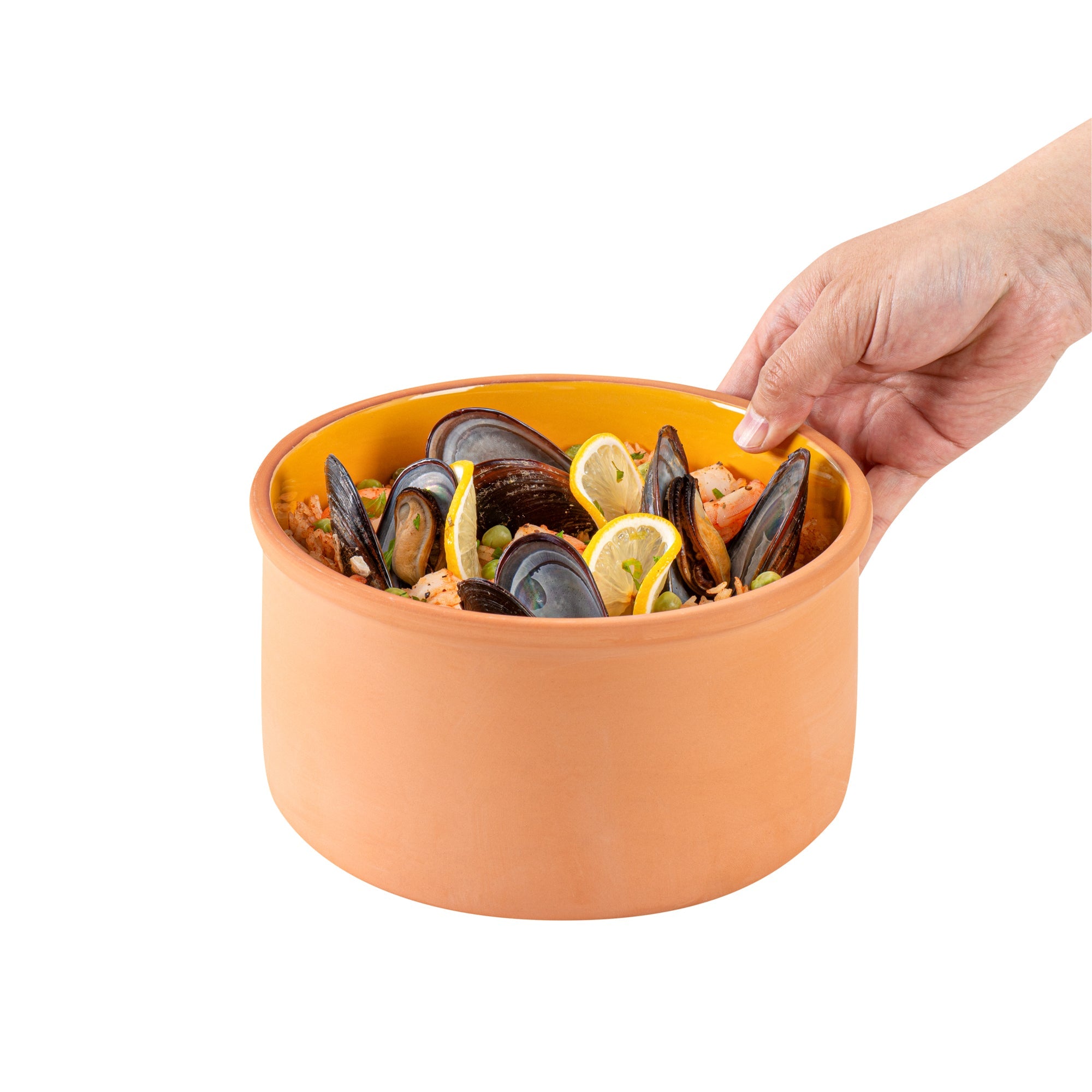 Terra Tek 68 oz Terracotta Cazuela Bowl - Yellow Glazed Interior, Oven-Safe, Microwave-Safe - 7 1/2'' x 7 1/2'' x 4'' - 2 count box