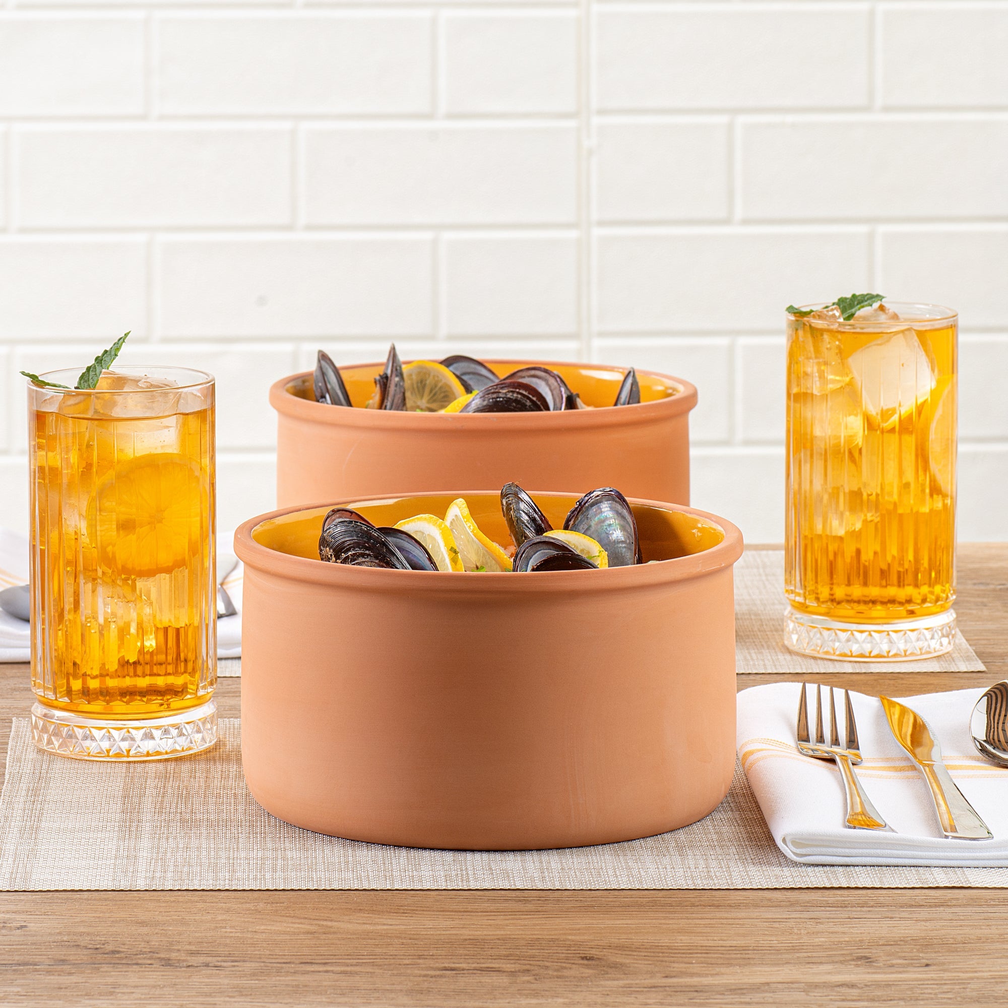 Terra Tek 68 oz Terracotta Cazuela Bowl - Yellow Glazed Interior, Oven-Safe, Microwave-Safe - 7 1/2'' x 7 1/2'' x 4'' - 2 count box