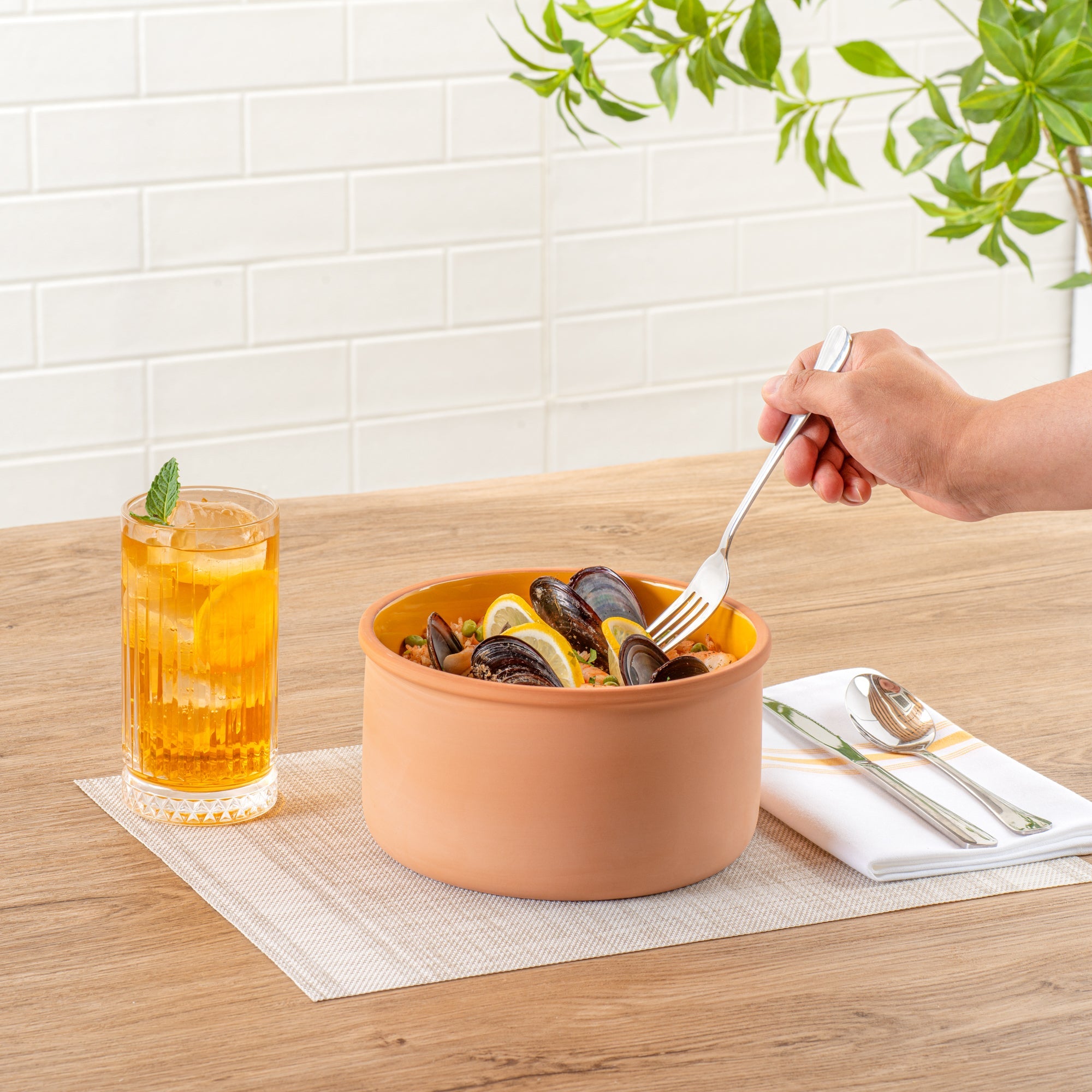 Terra Tek 68 oz Terracotta Cazuela Bowl - Yellow Glazed Interior, Oven-Safe, Microwave-Safe - 7 1/2'' x 7 1/2'' x 4'' - 2 count box