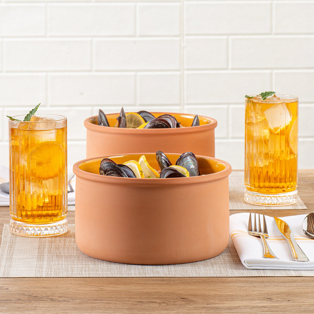 Terra Tek 68 oz Terracotta Cazuela Bowl - Yellow Glazed Interior, Oven-Safe, Microwave-Safe - 7 1/2'' x 7 1/2'' x 4'' - 10 count box