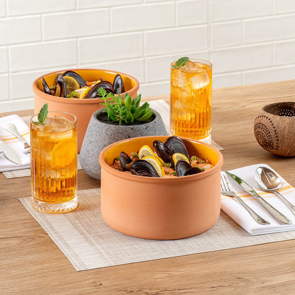 Terra Tek 68 oz Terracotta Cazuela Bowl - Yellow Glazed Interior, Oven-Safe, Microwave-Safe - 7 1/2'' x 7 1/2'' x 4'' - 10 count box