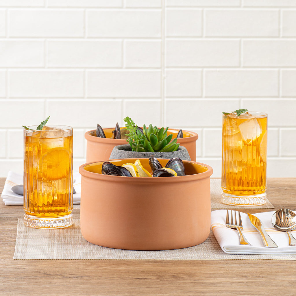 Terra Tek 68 oz Terracotta Cazuela Bowl - Yellow Glazed Interior, Oven-Safe, Microwave-Safe - 7 1/2'' x 7 1/2'' x 4'' - 10 count box