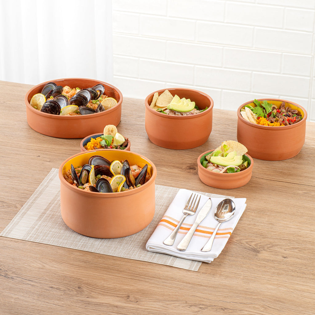 Terra Tek 68 oz Terracotta Cazuela Bowl - Yellow Glazed Interior, Oven-Safe, Microwave-Safe - 7 1/2'' x 7 1/2'' x 4'' - 10 count box