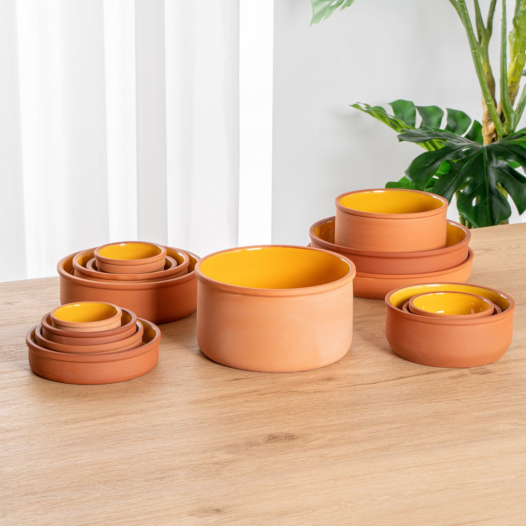 Terra Tek 68 oz Terracotta Cazuela Bowl - Yellow Glazed Interior, Oven-Safe, Microwave-Safe - 7 1/2'' x 7 1/2'' x 4'' - 10 count box