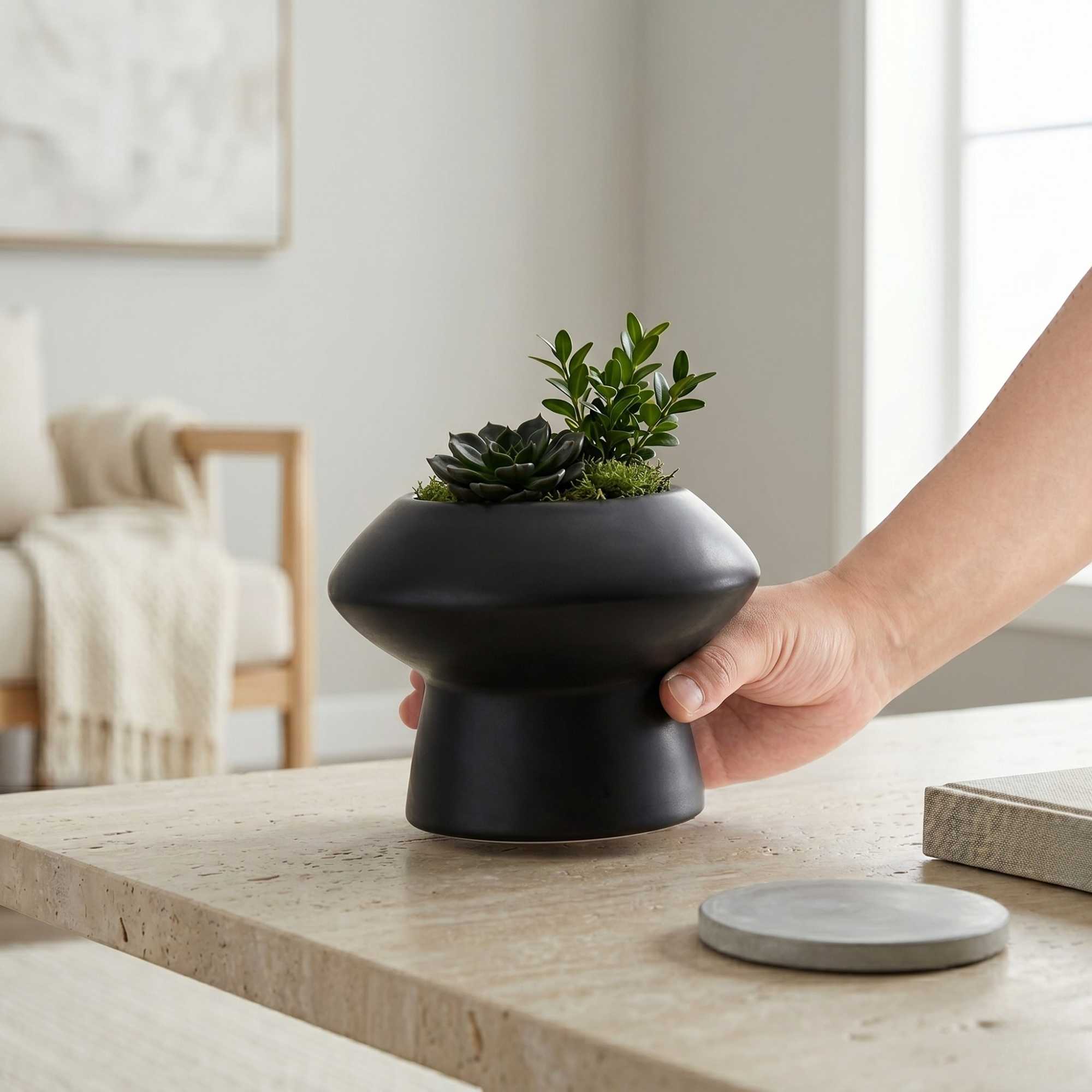 Table Art Black Ceramic Mushroom Vase - 5 3/4'' x 5 3/4'' x 4'' - 1 count box