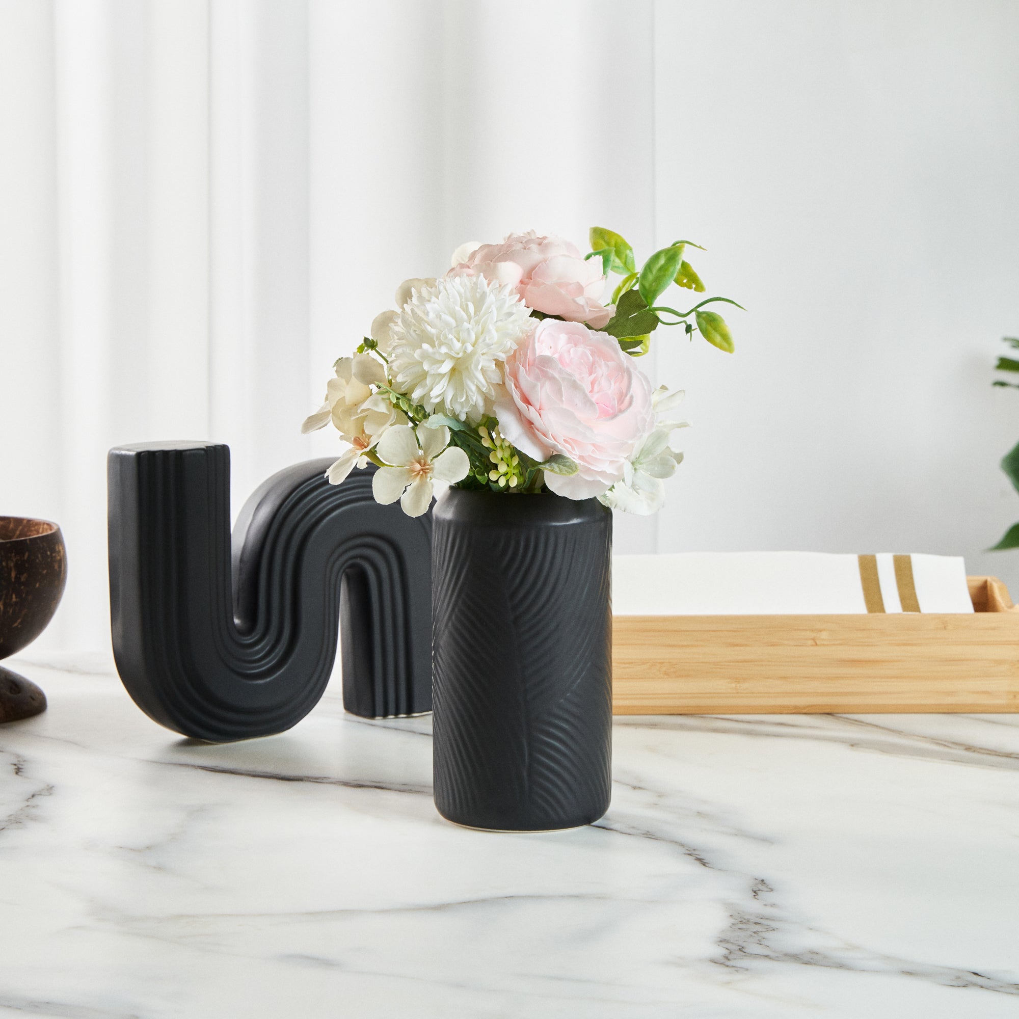 Table Art Black Ceramic Vintage Vase - 3 1/4'' x 3 1/4'' x 6'' - 1 count box