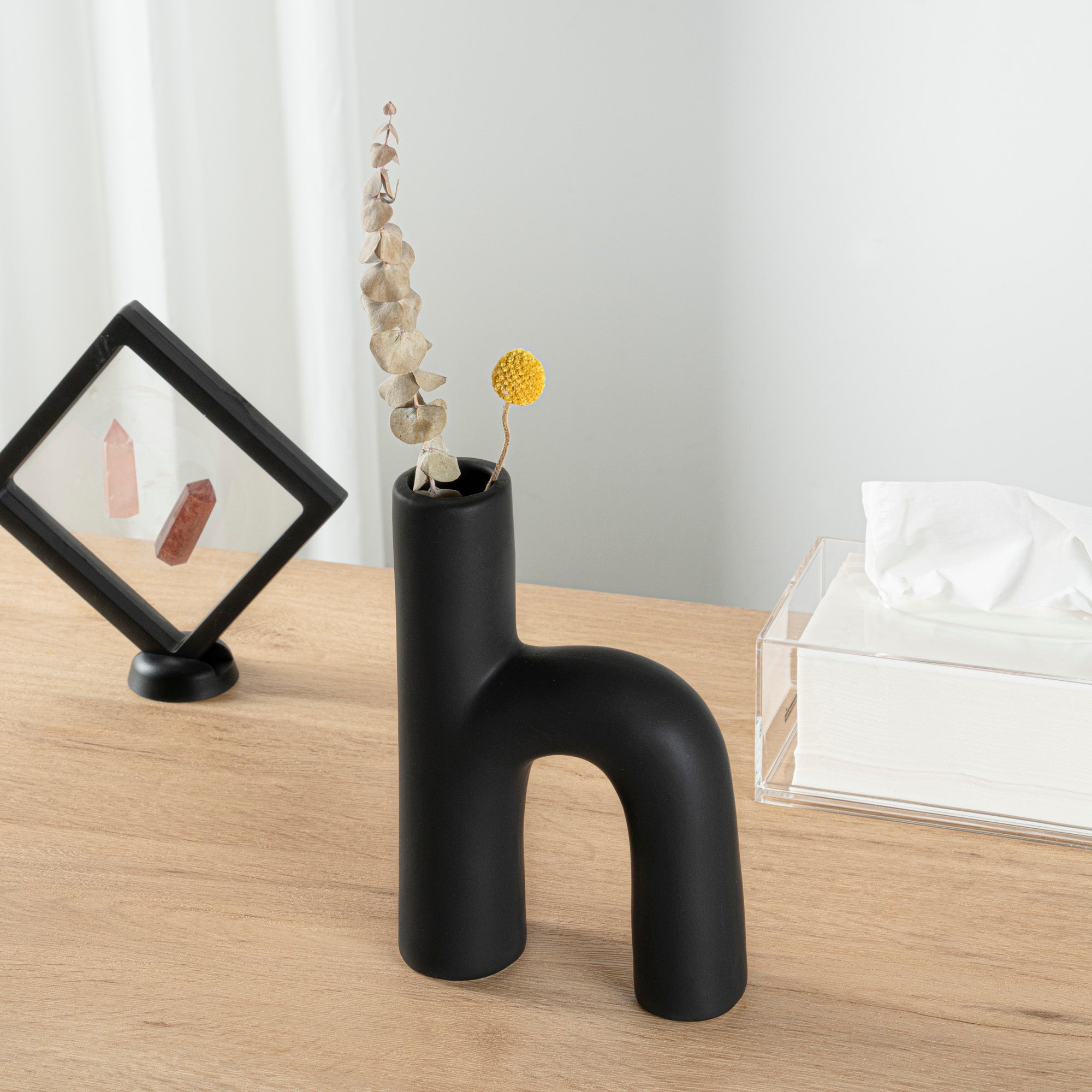 Table Art Black Ceramic H-Shaped Vase - 6'' x 2 1/4'' x 9'' - 1 count box
