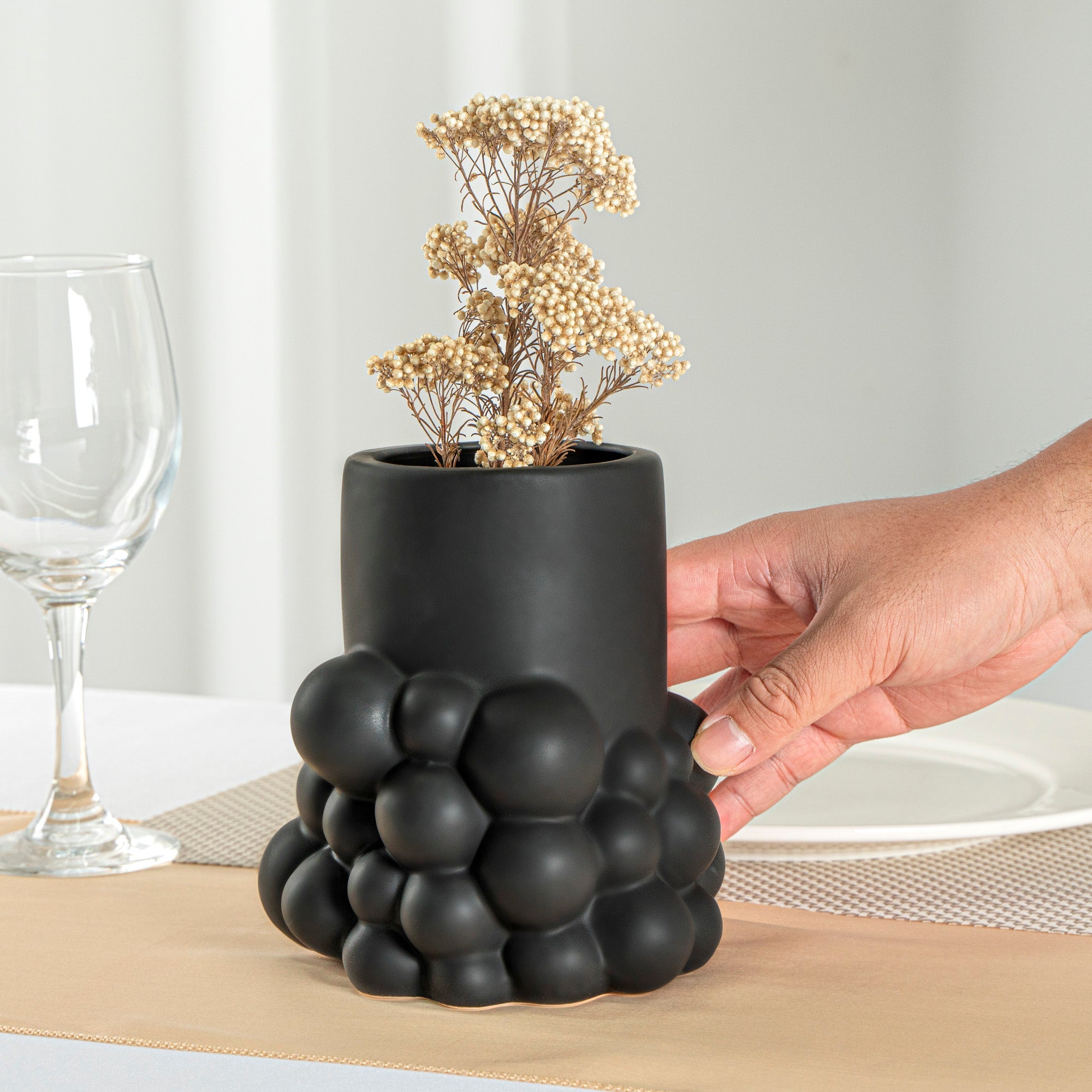 Table Art Black Ceramic Cylinder Bubble Vase - 6'' x 5 3/4'' x 6 1/2'' - 1 count box