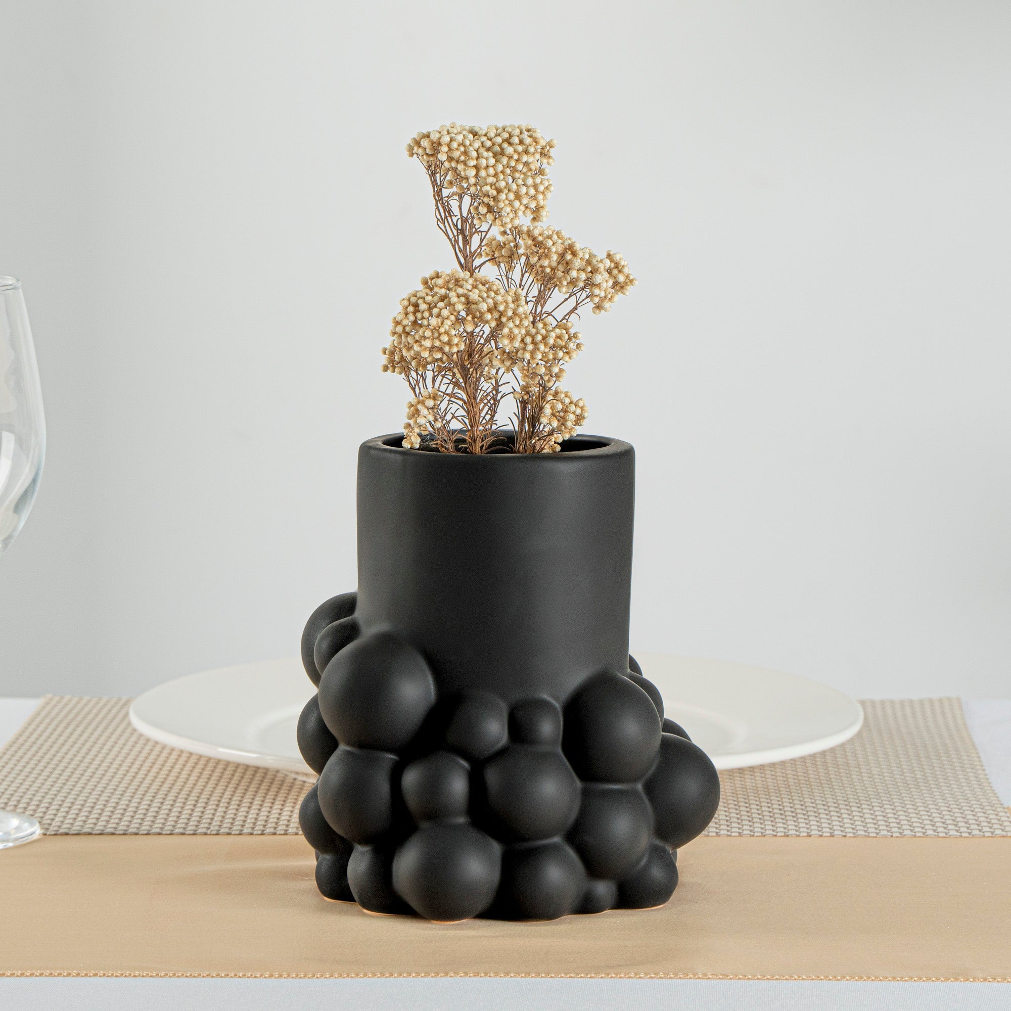 Table Art Black Ceramic Cylinder Bubble Vase - 6'' x 5 3/4'' x 6 1/2'' - 1 count box