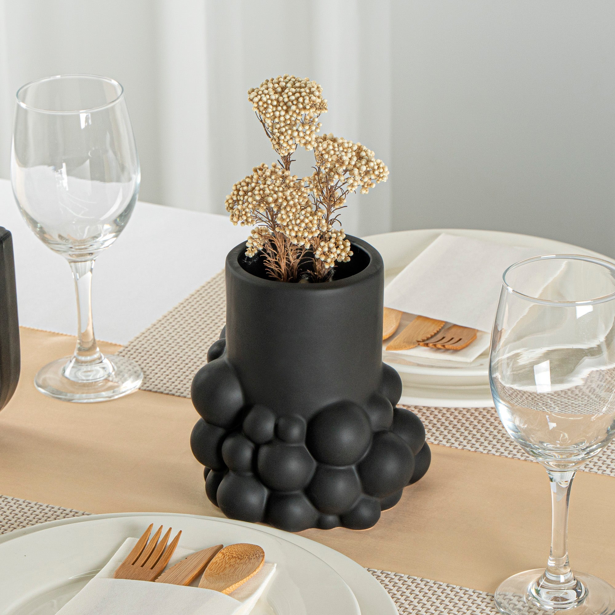 Table Art Black Ceramic Cylinder Bubble Vase - 6'' x 5 3/4'' x 6 1/2'' - 1 count box