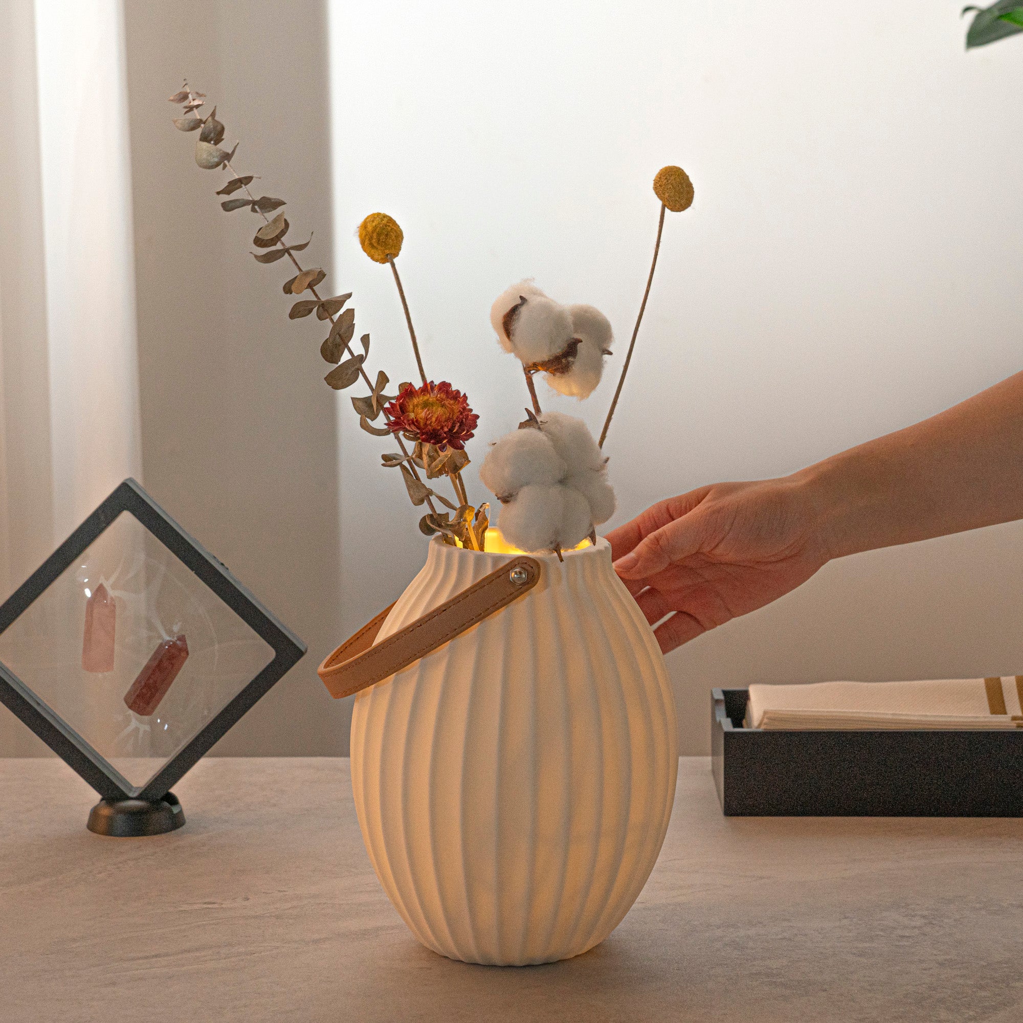 Table Art White Porcelain Lantern / Vase - with Handle - 6 1/4'' x 6 1/4'' x 8'' - 1 count box